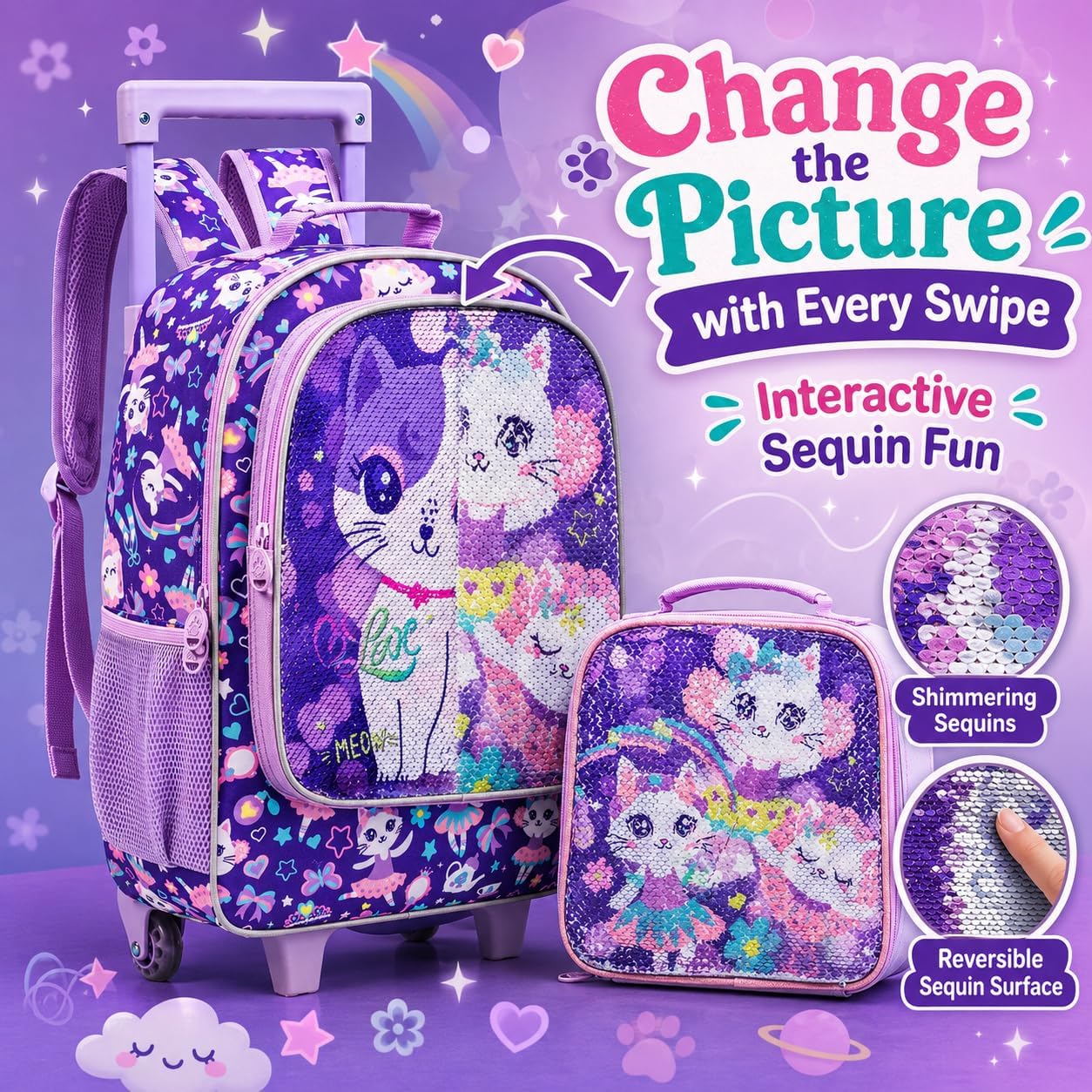 KLFVB Rolling Backpack for Girls Boys, Kids Roller Wheels School Bookbag with Lunch Bag, Wheeled School Bag for Children