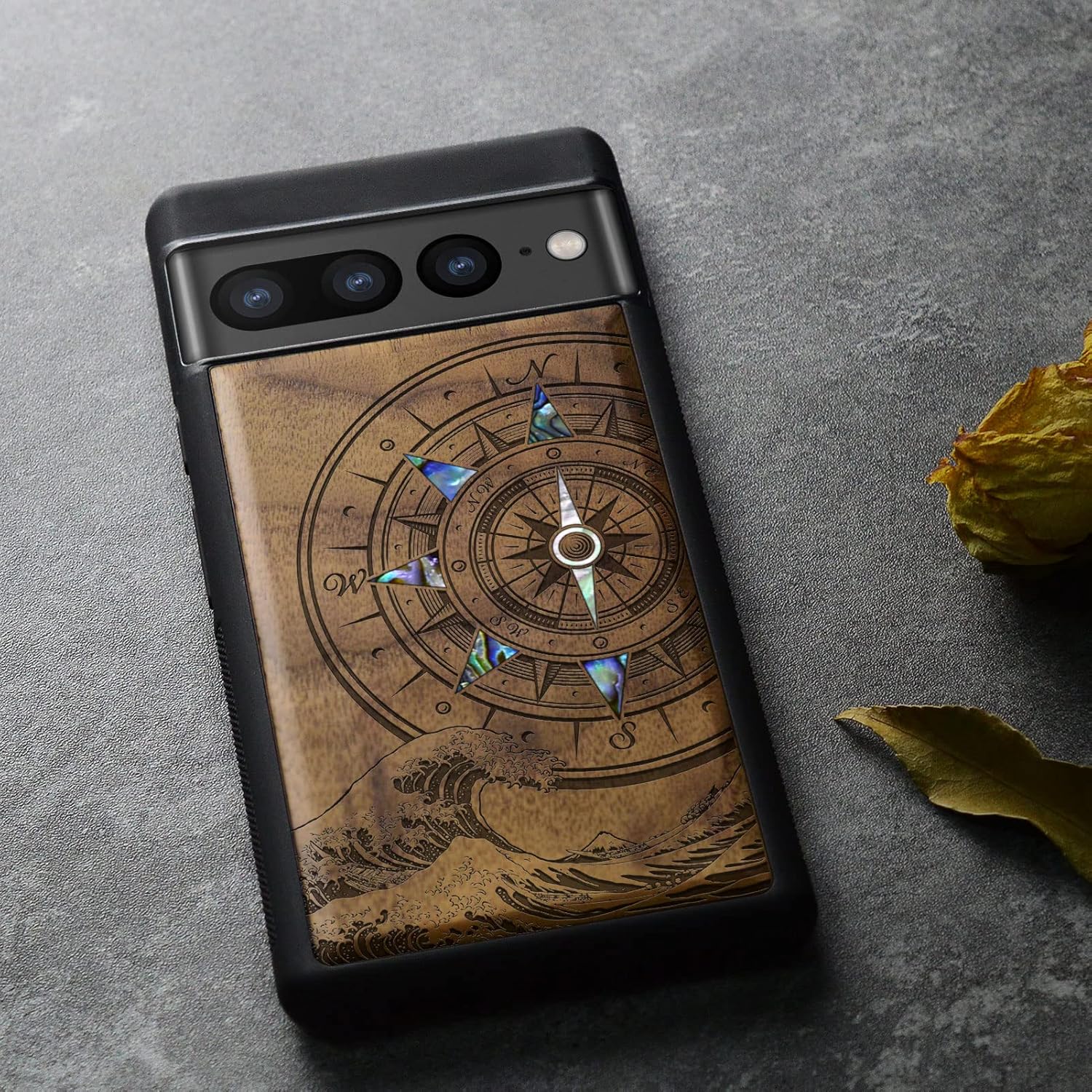 Carveit Designer Wooden Case for Google Pixel 7 Pro Case [Wood Engraving & Shell Inlay] Unique Wood Cover Compatible with Wireless Chargers Pixel 7 Pro (Sea Wave Compass-Walnut)