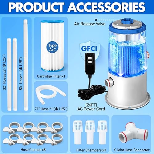 Miniatura 9 de Bomba de filtro de piscina iluminada de 1000 GPH para piscinas sobre el suelo, luz LED azul incorporada, carcasa transparente para monitor de