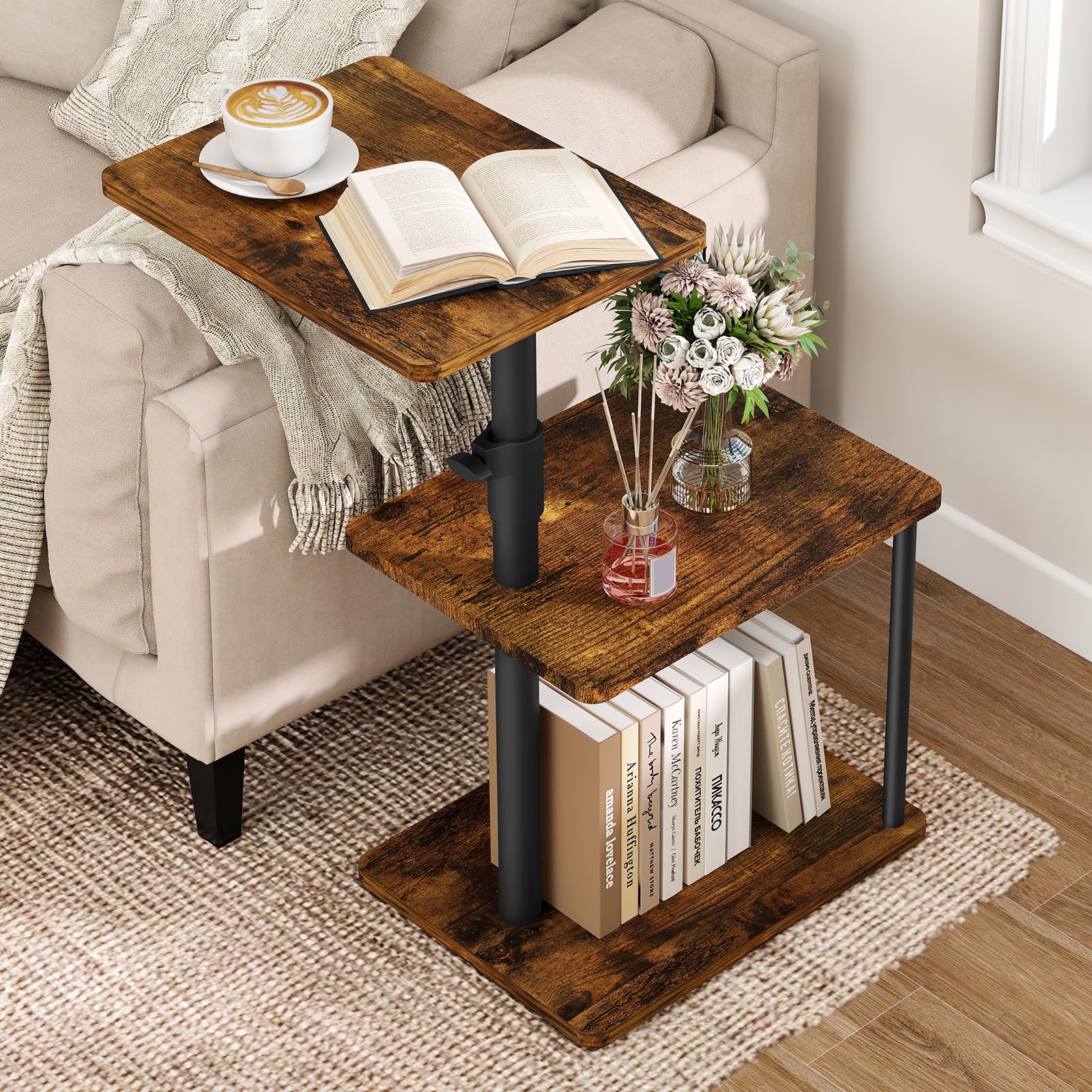 ARTETHYS Side Table with 360° Swivel Top, Adjustable Height Sofa Table