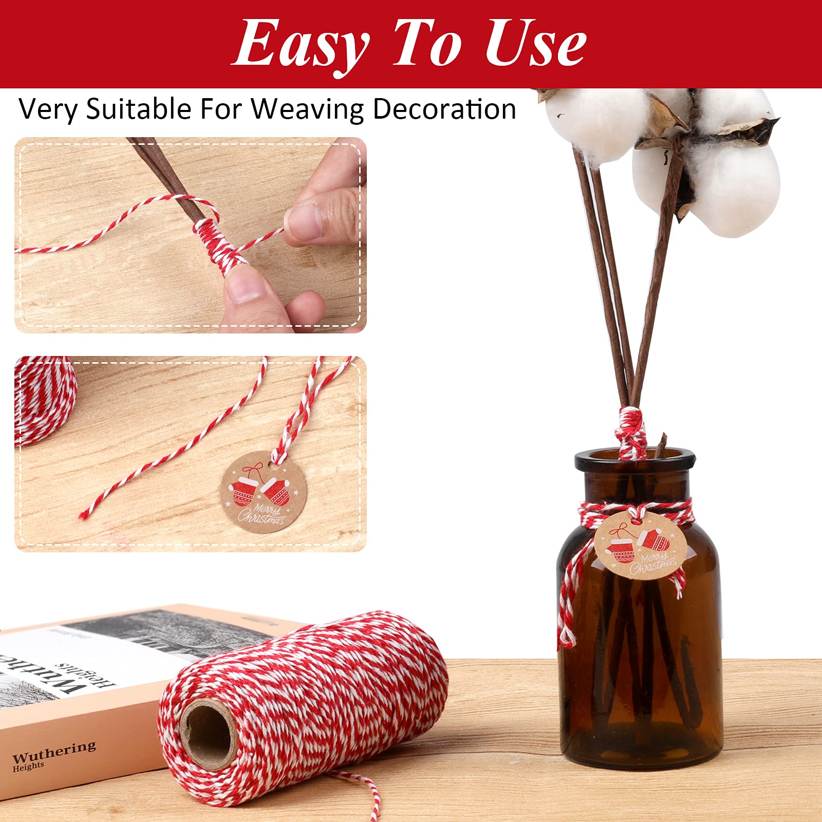 Christmas 2 Rolls 200m Bakers Cotton Twine String - Natural Red White Butchers Twine Cord For Gift Wrapping, Baking, Arts Crafts, Gardening,DIY,Home Decor