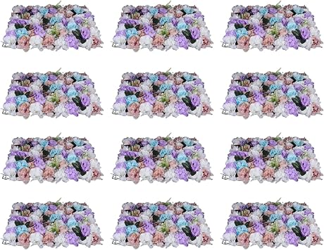 12 Pack Flower Wall Panels Purple Blue, Flower Wall Panel 24x16, Artificial Flower Wall Panels Floral Decor Wedding Party Backdrop, 3D Silk Dahlia Rose Flower Wall With Leaves for Wedding, Outdoor
