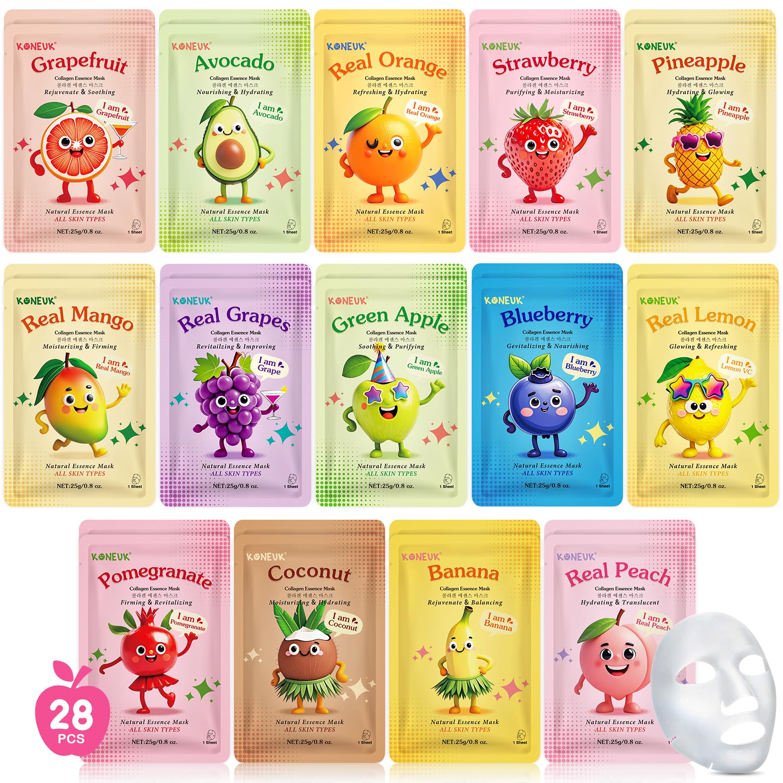 Amazon.com : KONEUK 28 Pack Fruit Face Masks Skincare for Kids