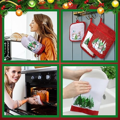 Miniatura 6 de Tioncy Juego de 10 guantes de horno de Navidad y soportes para ollas para árbol de Navidad, almohadillas calientes de cocina, toallas de cocina de