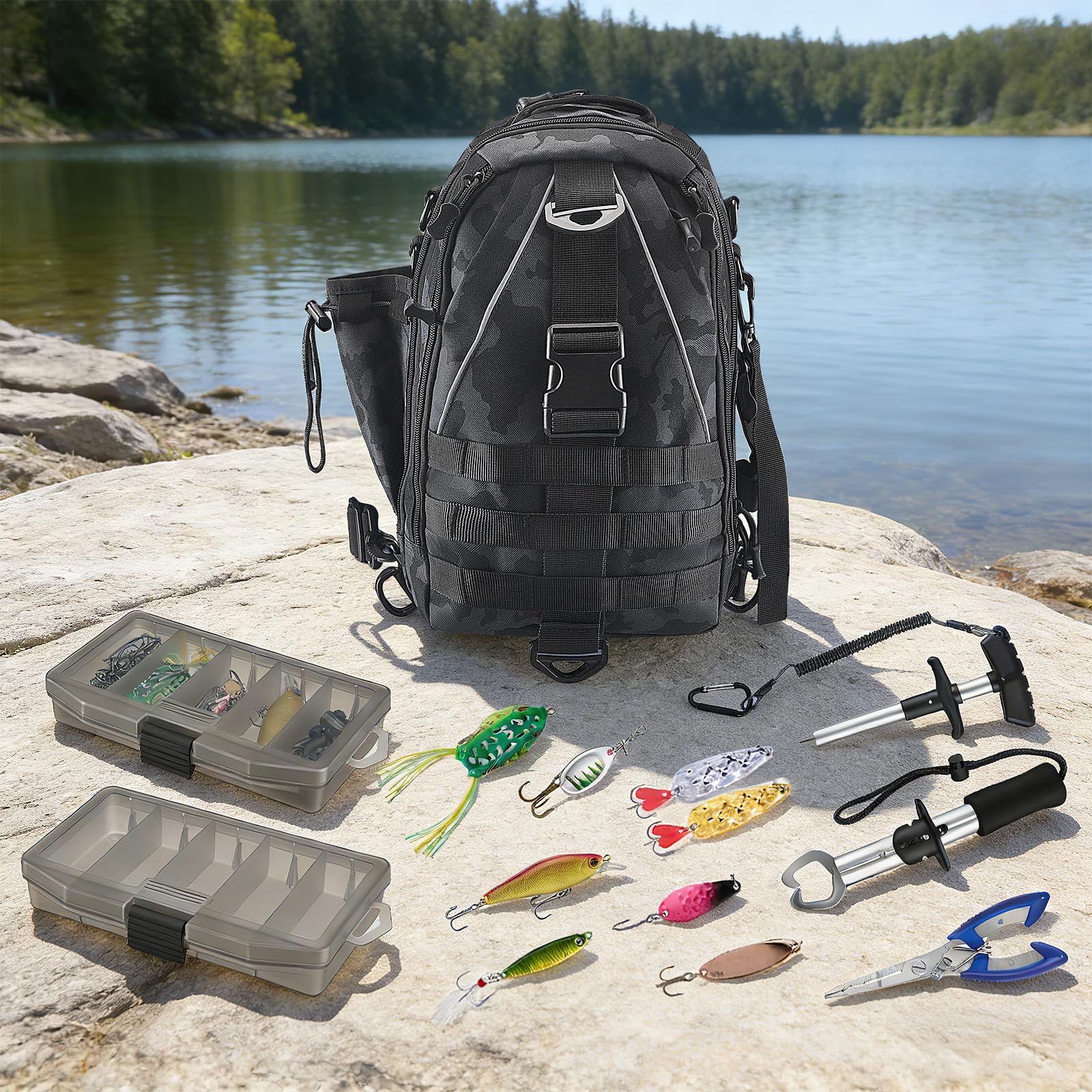 Mochila de pesca impermeable 40L con cajas, juego de 208 piezas, incluye cebo, pinzas, removedor de anzuelos y agarre de labio