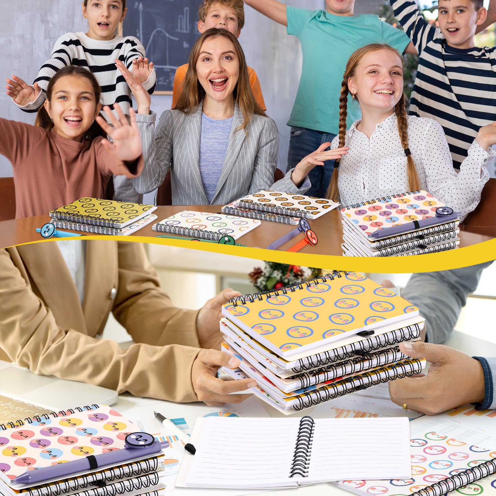 Sinload Lot de 24 carnets à spirale en vrac avec stylos à bille Preppy Positive Smile - Cadeau de bienvenue pour les étudiants, la rentrée scolaire, les enseignants, les collègues (journal ligné)