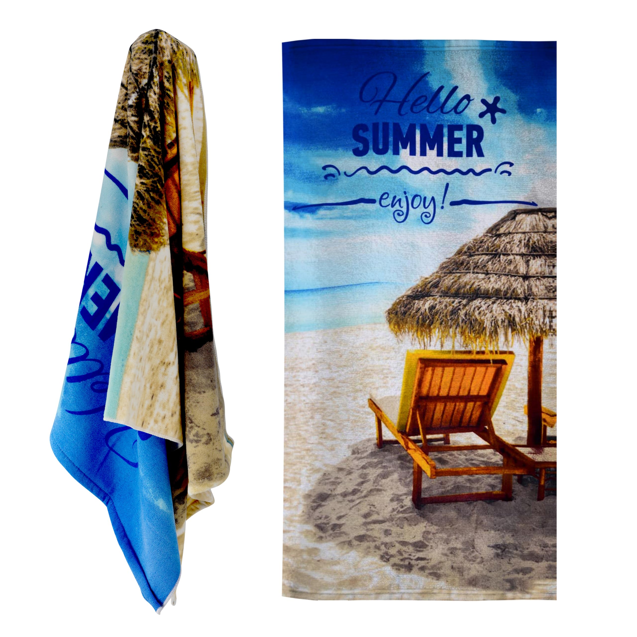 Geezy Hello Summer Microfibre Beach Towel, Design - Quick Drying, Lightweight, Sand-Free, Large & Durable, Summer Design - Beach Essential For Travel, Holiday, Swimming, Sauna, Adults & Kids, 70X140cm
