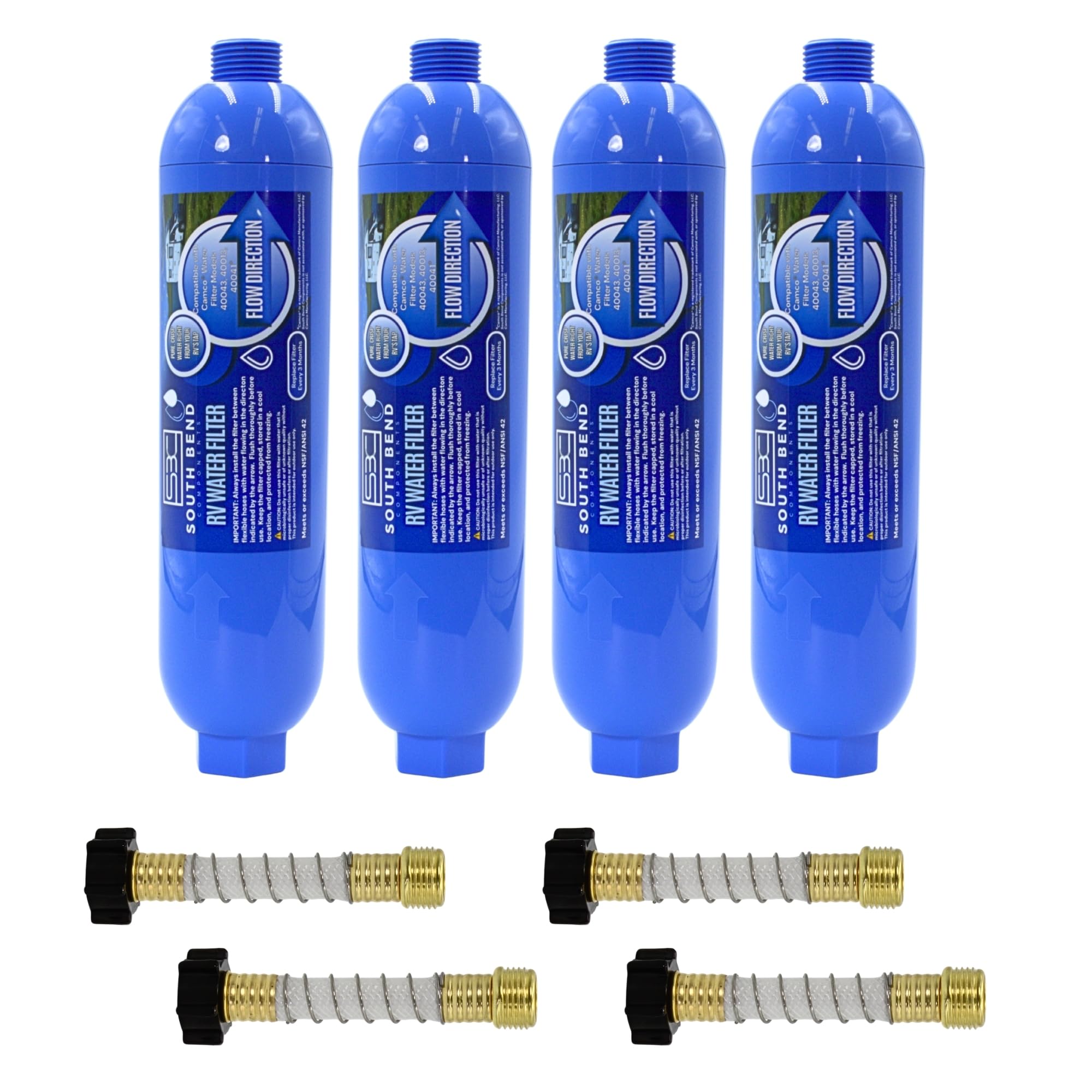 South Bend Components Reverse Osmosis (RO) Camper/RV/Boat/Yacht Water Inline Filter- NSF Certified! Includes ¾” Flexible Hose Protector, Compatible with Camco Water Filter, 40043, 40013, 4004 (4-Pack)