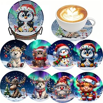 askkqtx 8 Pcs Christmas Diamond Art Coasters Kits with Holder 4x4 Inch