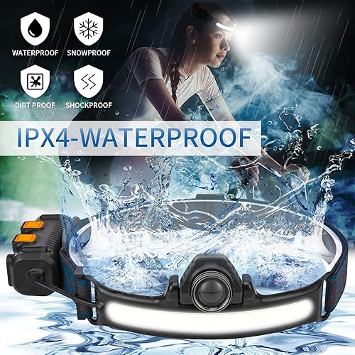 Miniatura 5 de Lámpara de cabeza LED de haz ancho de 270, linterna frontal recargable con 6 modos de iluminación, sensor de movimiento, diadema LED con zoom para