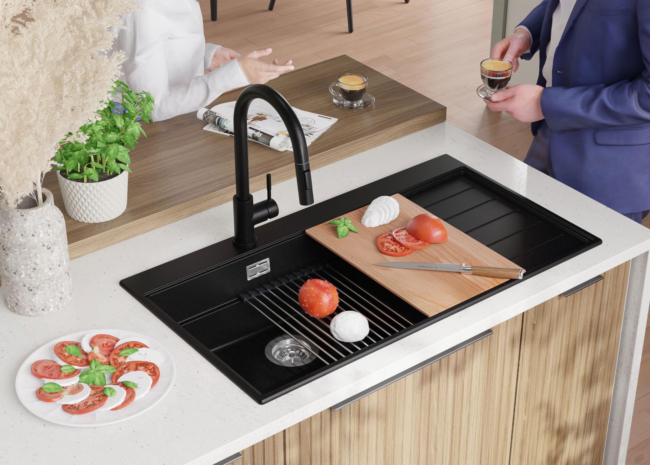 PRIMAGRAN Granitspüle Alles Schwarz - Sydney Ergo, 90x50cm | Spülbecken 1 Becken + Küchenarmatur 40x20cm + Zuberhor-Set, Küchenspüle ab 60er Unterschrank (S475)