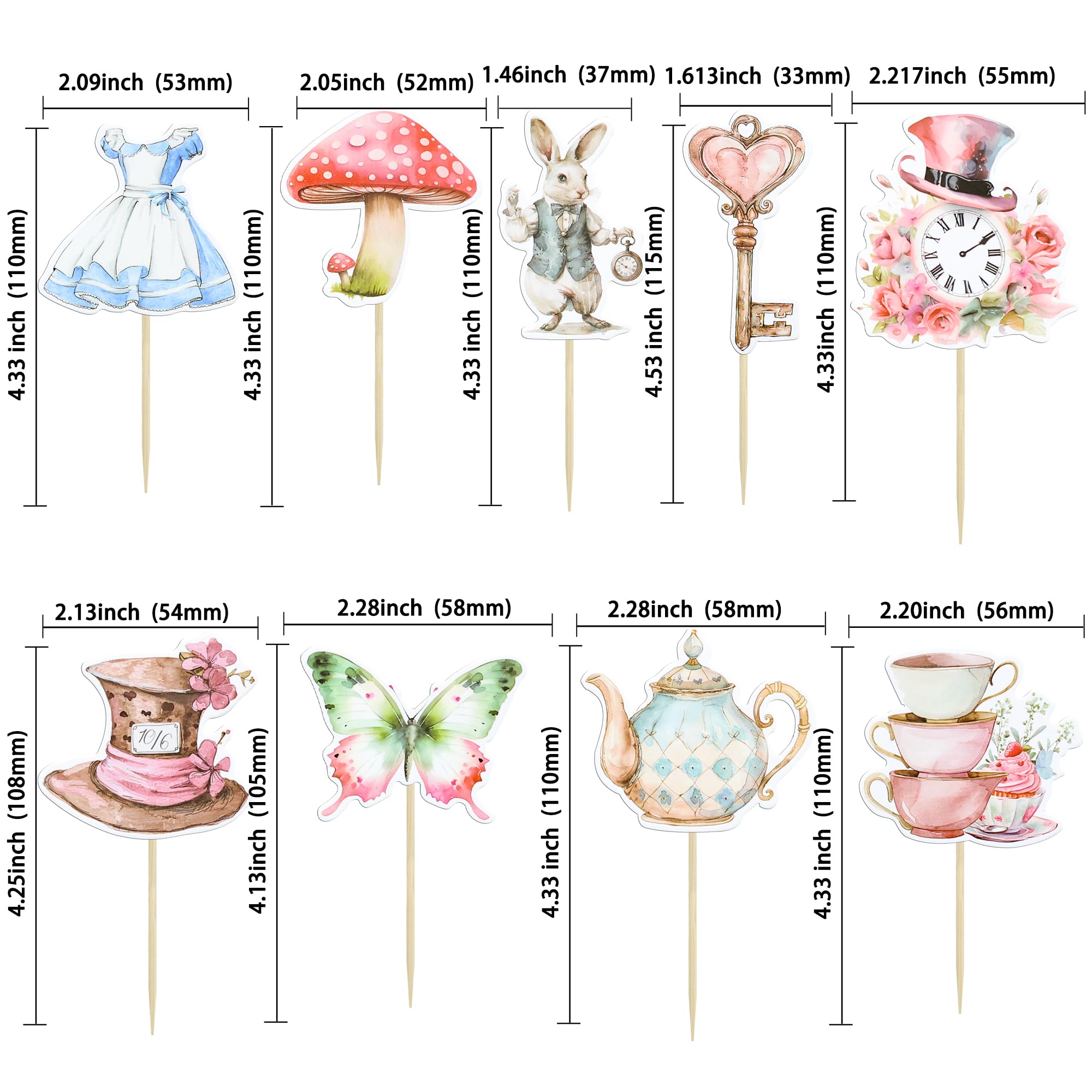 Gyufise 36Pcs Wonderland Theme Cupcake Toppers Key Rabbit Butterfly Alice Girl Cupcake Picks Mad Hatter Flower Tea Party Decorations for Baby Shower Birthday Party Cake Decorations