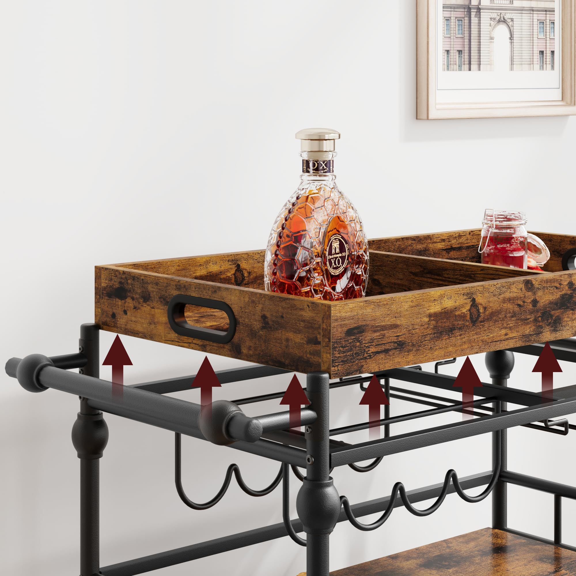 Garvee Carrito de Bar rodante de 3 Niveles – Estante móvil de Madera y Metal para Cocina, Sala o Comedor – con portabotellas y portavasos – Diseño Elegante y Funcional – 90x40x87 cm