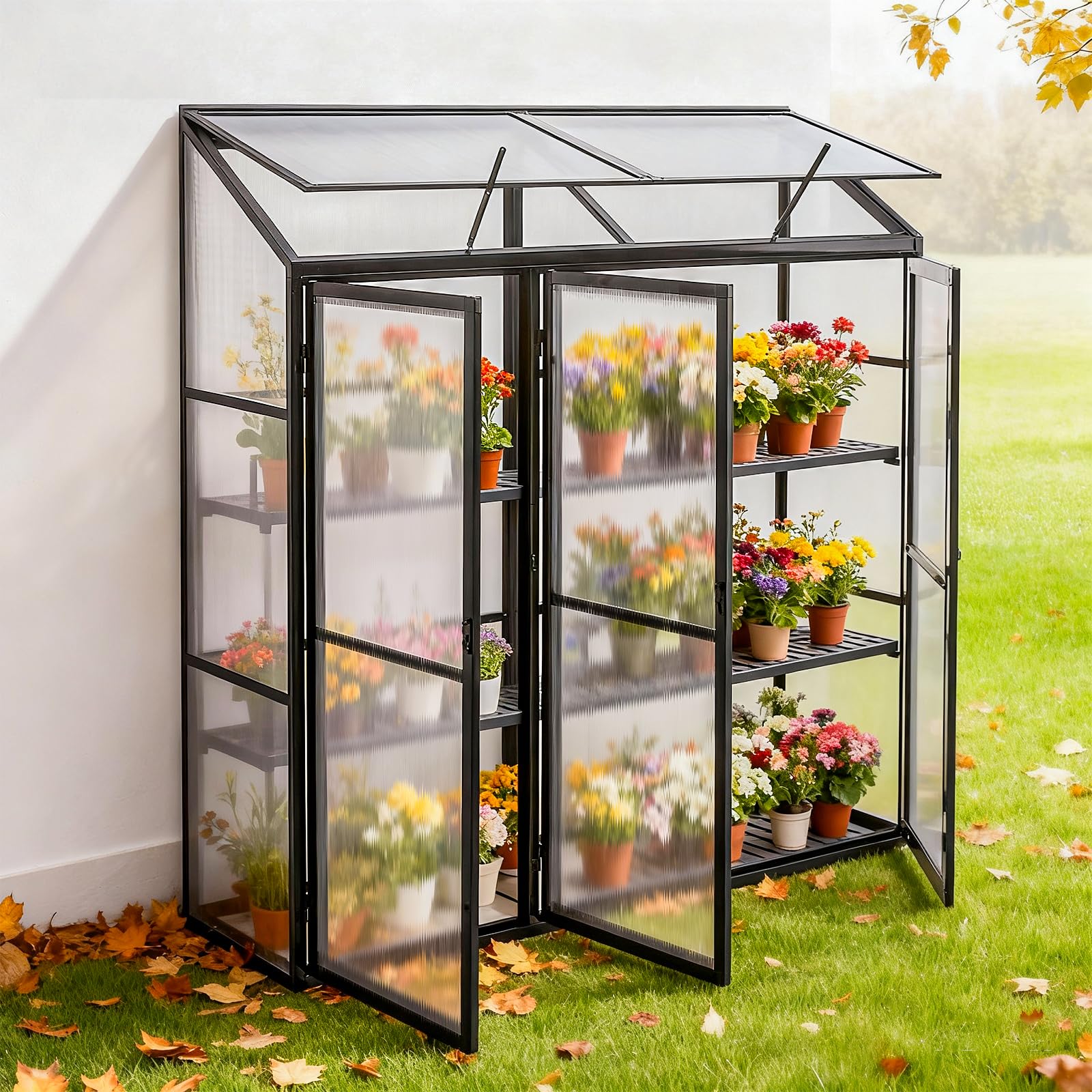 Euboer Aluminium Anlehngewächshaus Beistell Tomatengewächshaus klein Gewächshaus Dreitürig Treibhaus 190x55X180 cm schwarz