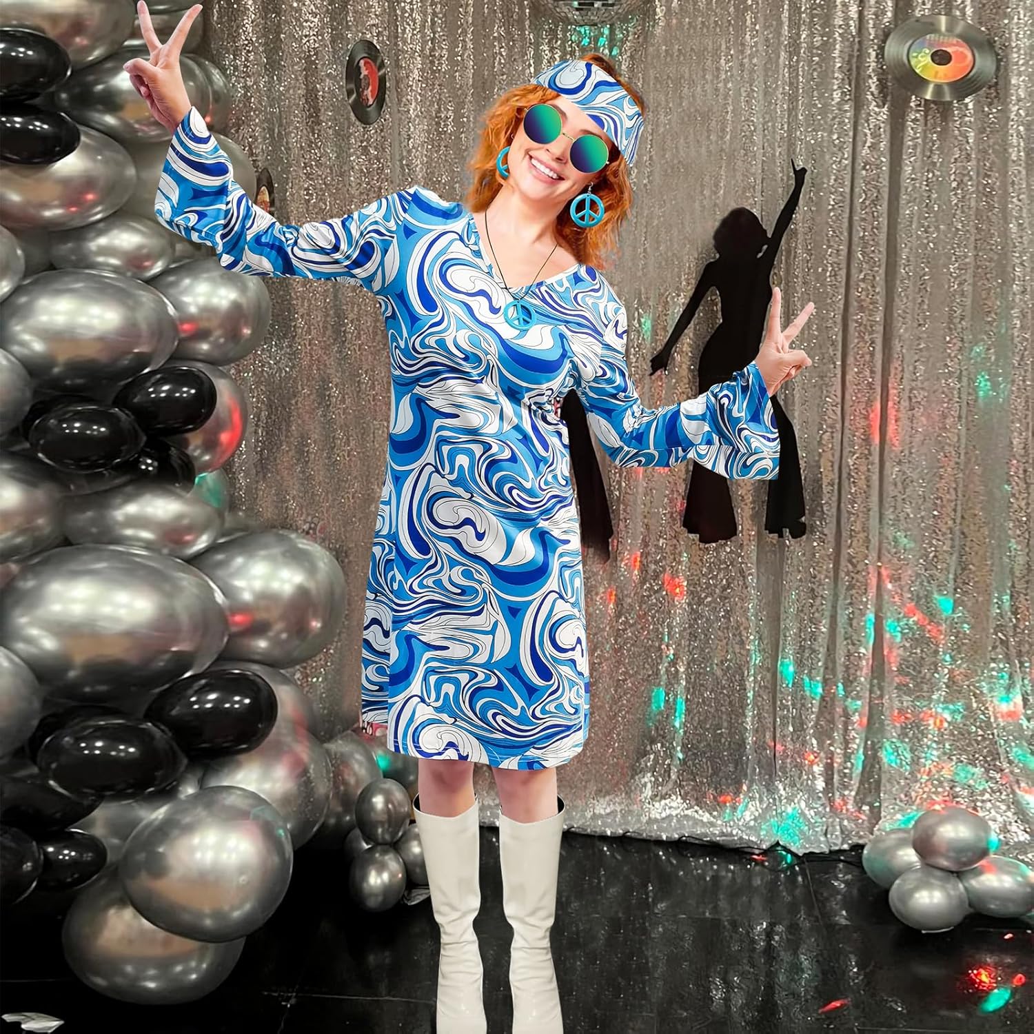 70s Hippie Dress Costumes Necklace Earrings Sunglass Women Disco Outfit, 60s Party Costume, Halloween Retro Dresses - Image 3