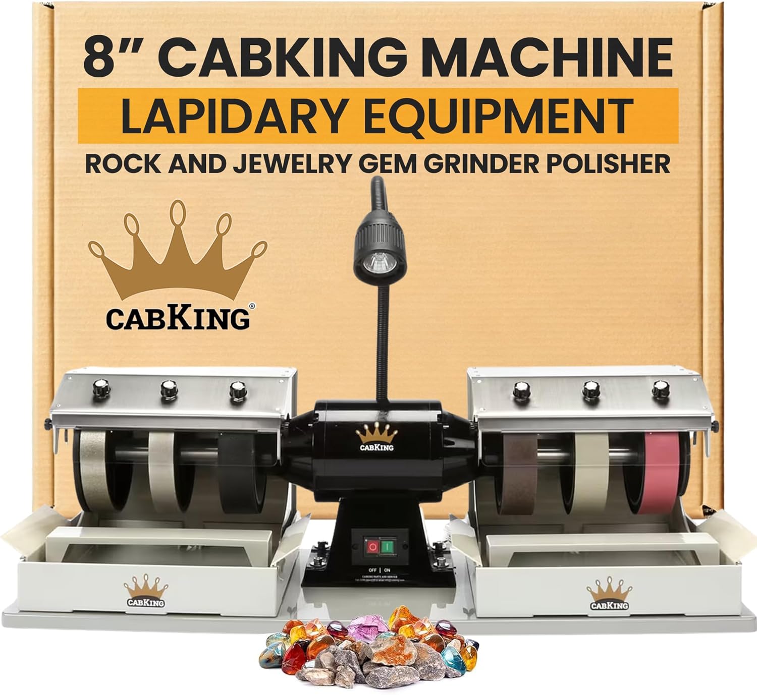 CabKing Cabbing Machine Lapidary Equipment – 8" Jewelry Making Tools for Gemstone Grinding & Rock Polisher, Cabochon Machine, Ring Making, LED Lamp, Water System & Complete Accessories Kit, 115V Only