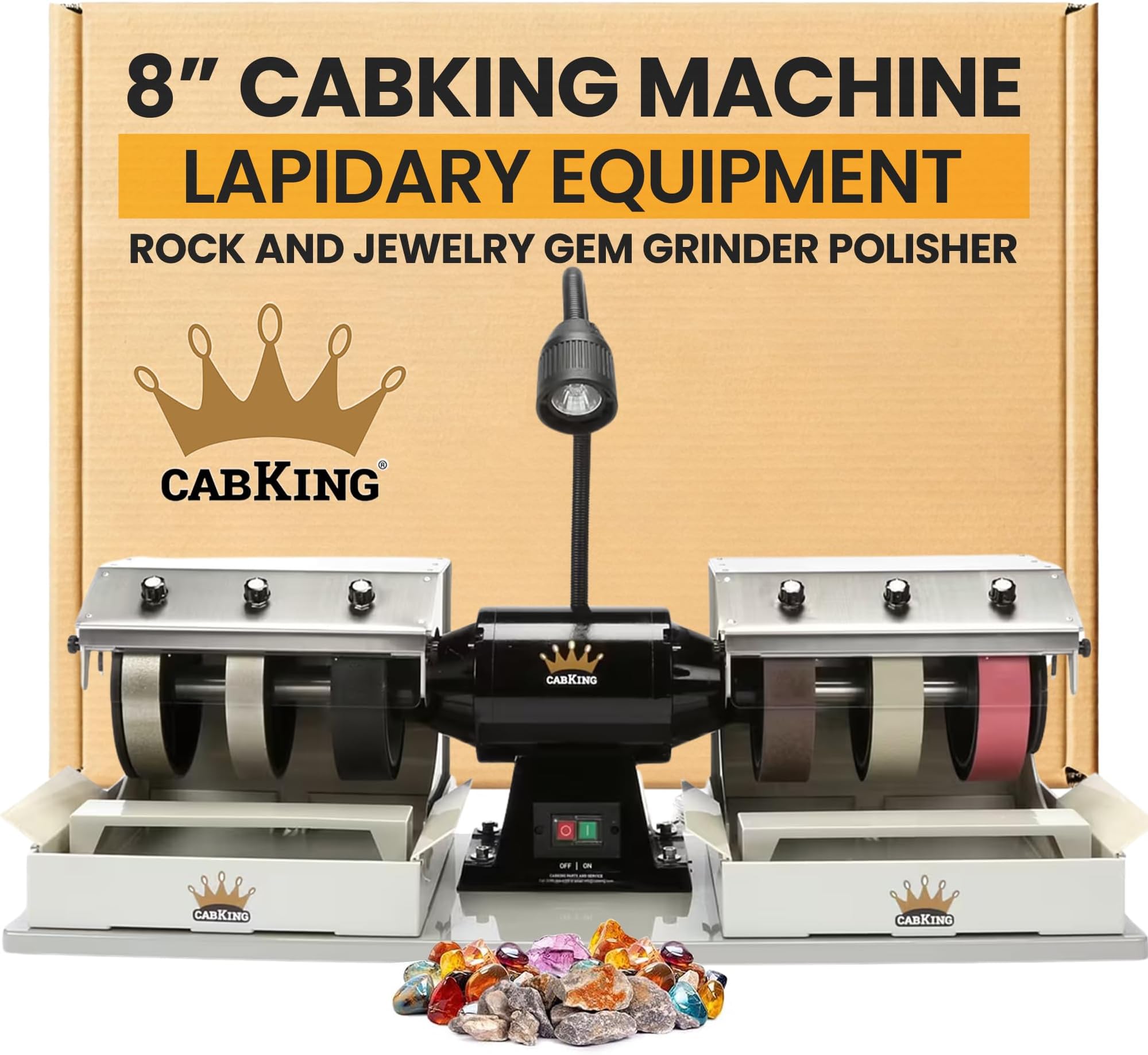 CabKing Cabbing Machine Lapidary Equipment – 8" Jewelry Making Tools for Gemstone Grinding & Rock Polisher, Cabochon Machine, Ring Making, LED Lamp, Water System & Complete Accessories Kit, 115V Only