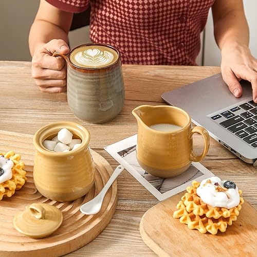 Miniatura 3 de Hasense Juego de azúcar y crema, azucarero de 11 onzas con tapa y cuchara, recipiente de crema de 10 onzas, juego de crema de cerámica y azúcar para