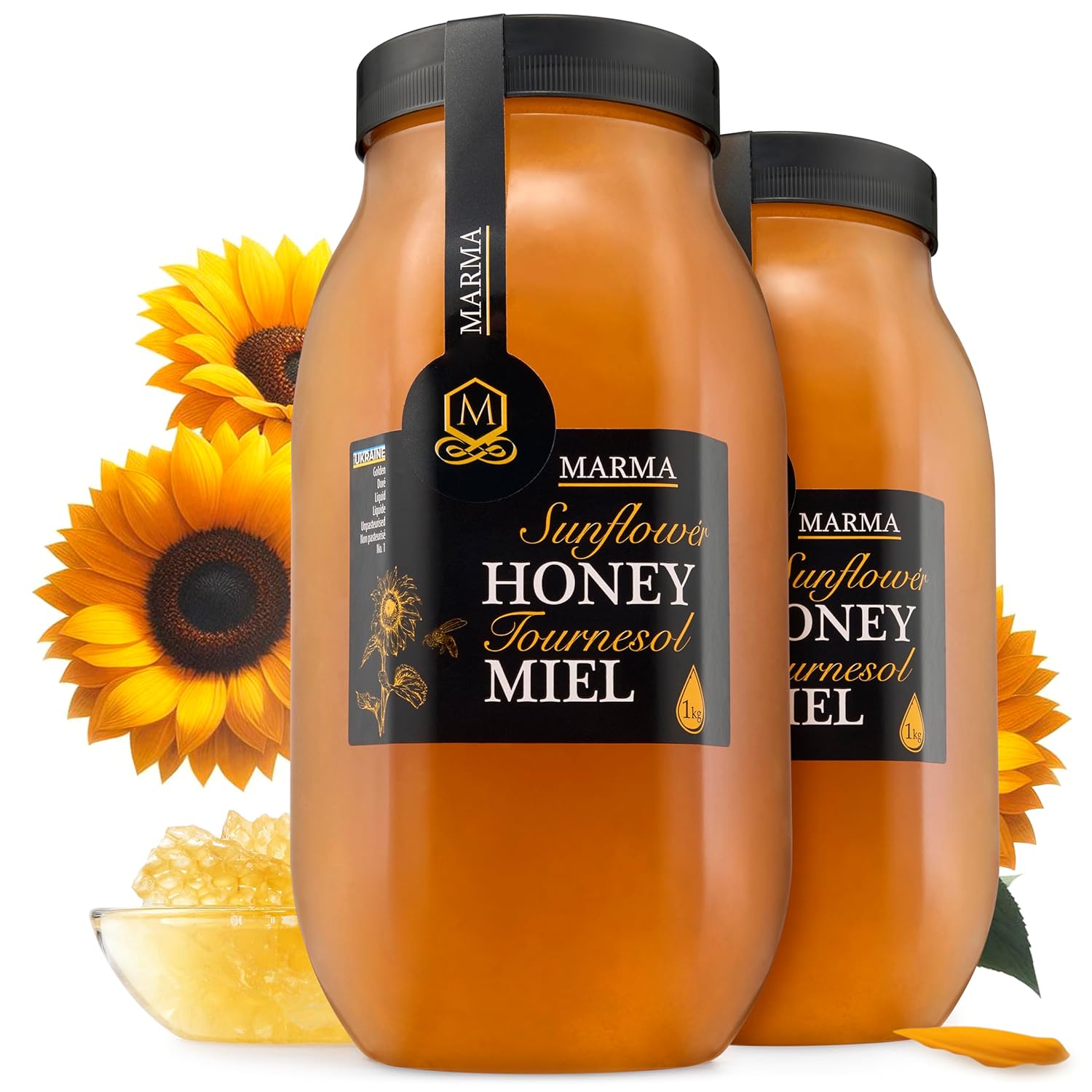 HONIGMA® Marma Sunflower Honey | Authentic Raw Honey from Ukraine | 100% Pure, Unpasteurized & Fully Crystallized | 1000g/35.2oz | Naturally Solid Texture | Pack of 2