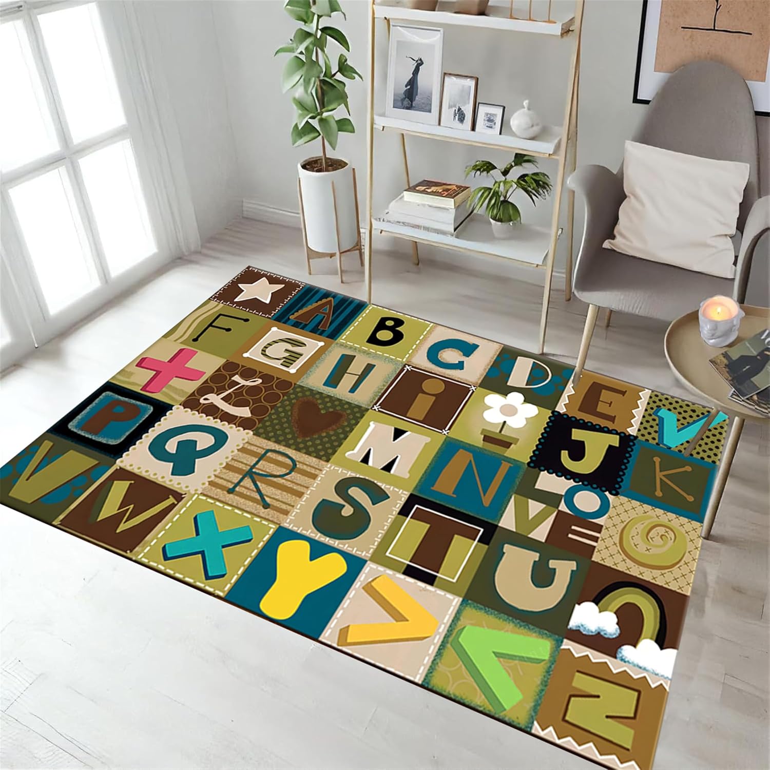 ABC Education Area Rug Children's Range of Rugs for Learning English Letters and Math Symbols Prints Retro Multicolor Patchwork Carpet Kids Gaming Throw Rugs for Nursery Dorm Classroom, 5x7ft image 3