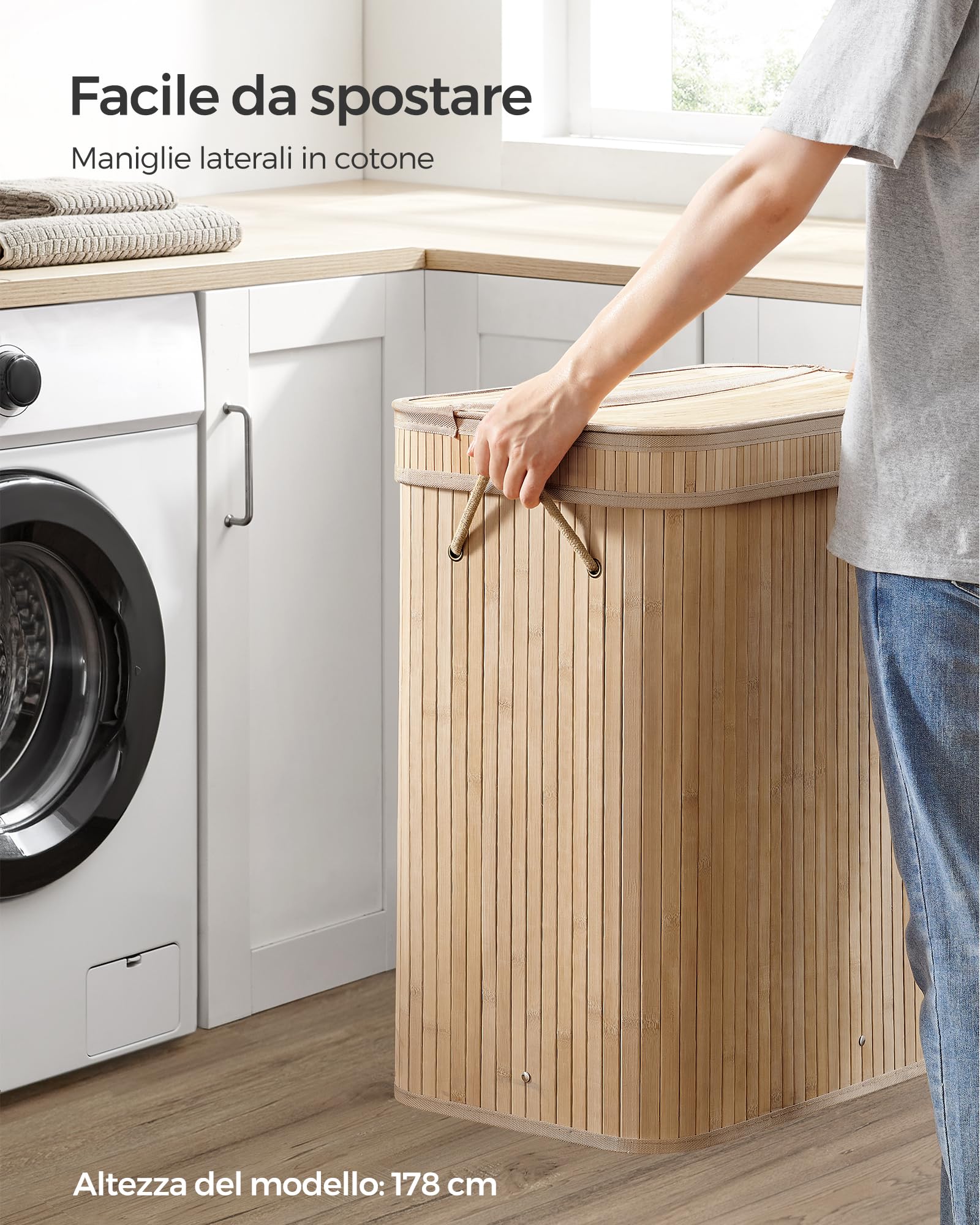 SONGMICS Cesto portabiancheria con coperchio, 100 l, in bambù, rimovibile e lavabile in lavatrice, con manici, per lavanderia, camera da letto, bagno, colore: naturale LCB063N01