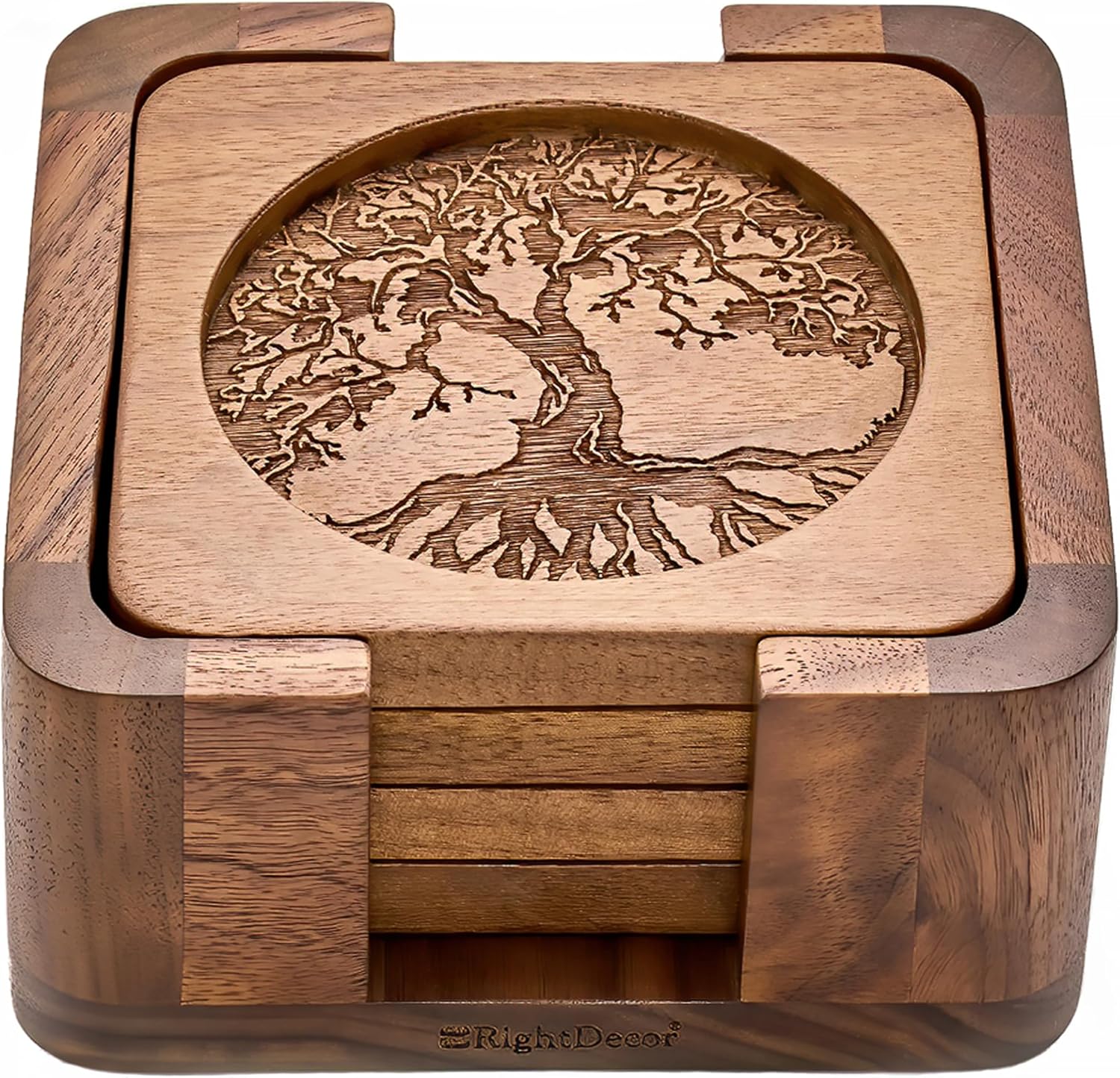 Walnut Wood Square Coasters Set of 4 with Holder - Brown
