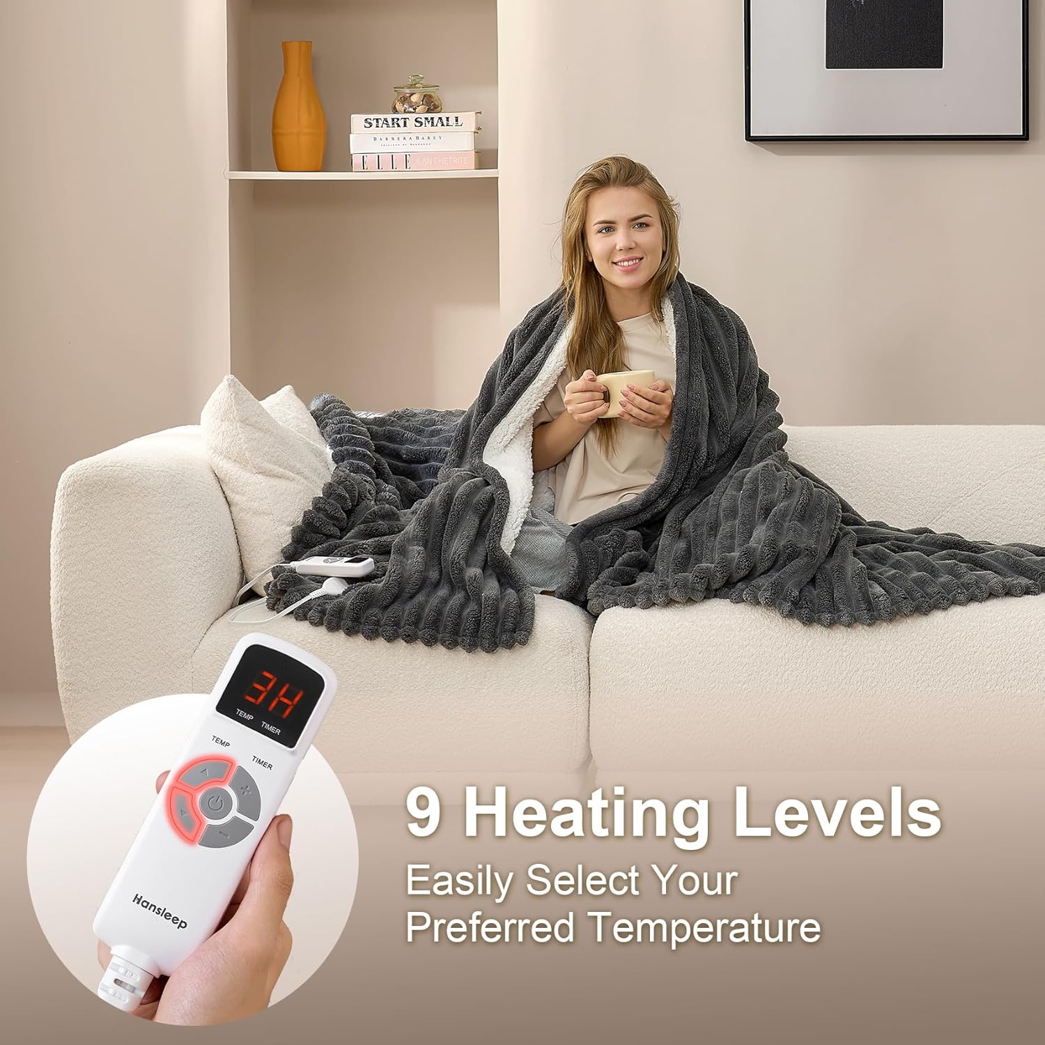 Hansleep Heated Blanket Electric Blanket Throw, Heating Blanket with 9 Heating Levels and 10-Hour Timer Auto Shut Off, Washable Soft Warm Winter Blanket, 50 x 60 Inches, Dark Grey