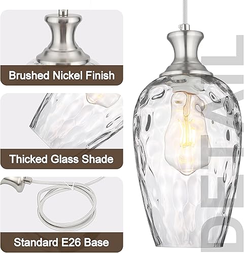 Miniatura 2 de 3 luces colgantes en racimo de isla de cocina, lámparas colgantes de níquel cepillado con vidrio transparente soplado a mano, luz colgante de granja