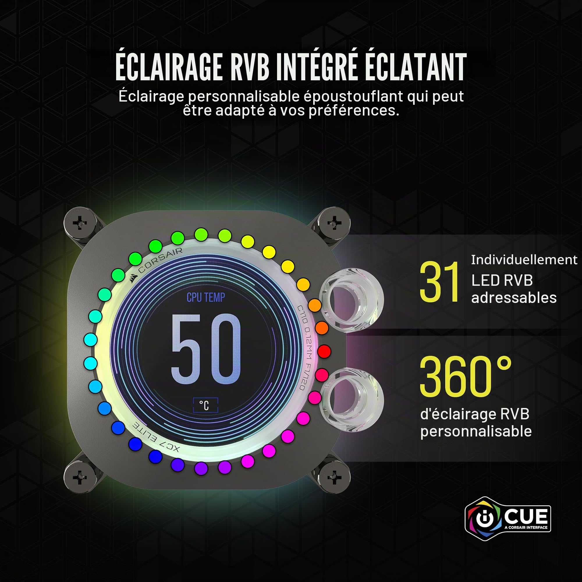 CORSAIR XC7 RGB ELITE LCD Waterblock pour Processeur - Écran LCD 480x480-31 LED RGB - USB-C - Compatible avec Intel LGA 1700, AMD AM5 et plus - Gris Furtif