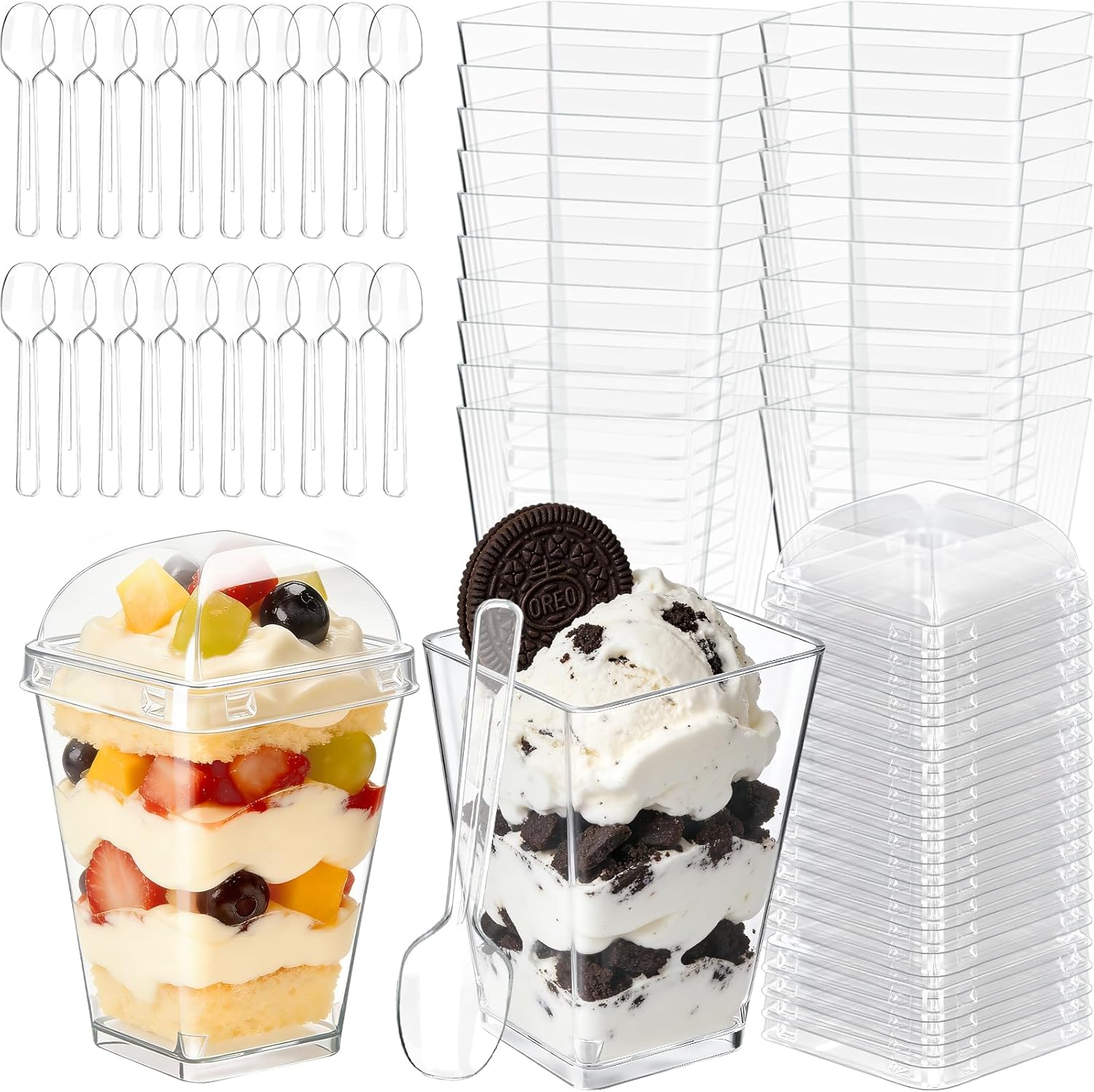 100 Pack 5oz Plastic Dessert Cups with Lids and Spoons, Mini Clear Yogurt Parfait Cups, Small Dessert Shooter Serving Cups, Square Appetizer Cups for Fruit Pudding Ice Cream Tasting Party Supplies