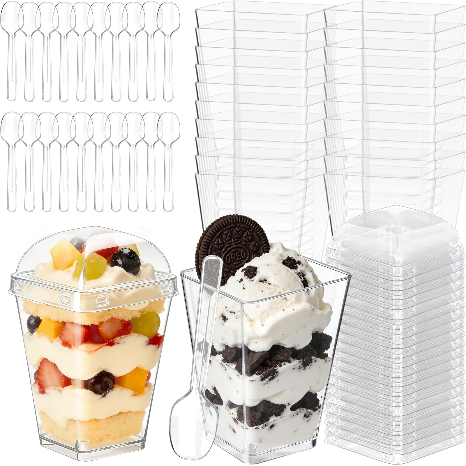 50 Pack 5oz Plastic Dessert Cups with Lids and Spoons, Mini Clear Yogurt Parfait Cups with Lids, Small Dessert Shooter Cups, Square Appetizer Cups for Party Fruit Pudding Trifle Ice Cream Tasting