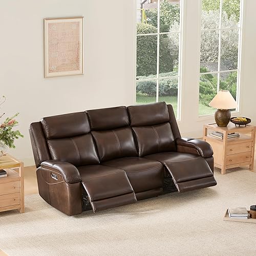Miniatura 7 de Watson & Whitely Sofá reclinable eléctrico de piel auténtica, sofás reclinables de pared de 3 plazas con reposacabezas eléctrico, puertos USB y tipo