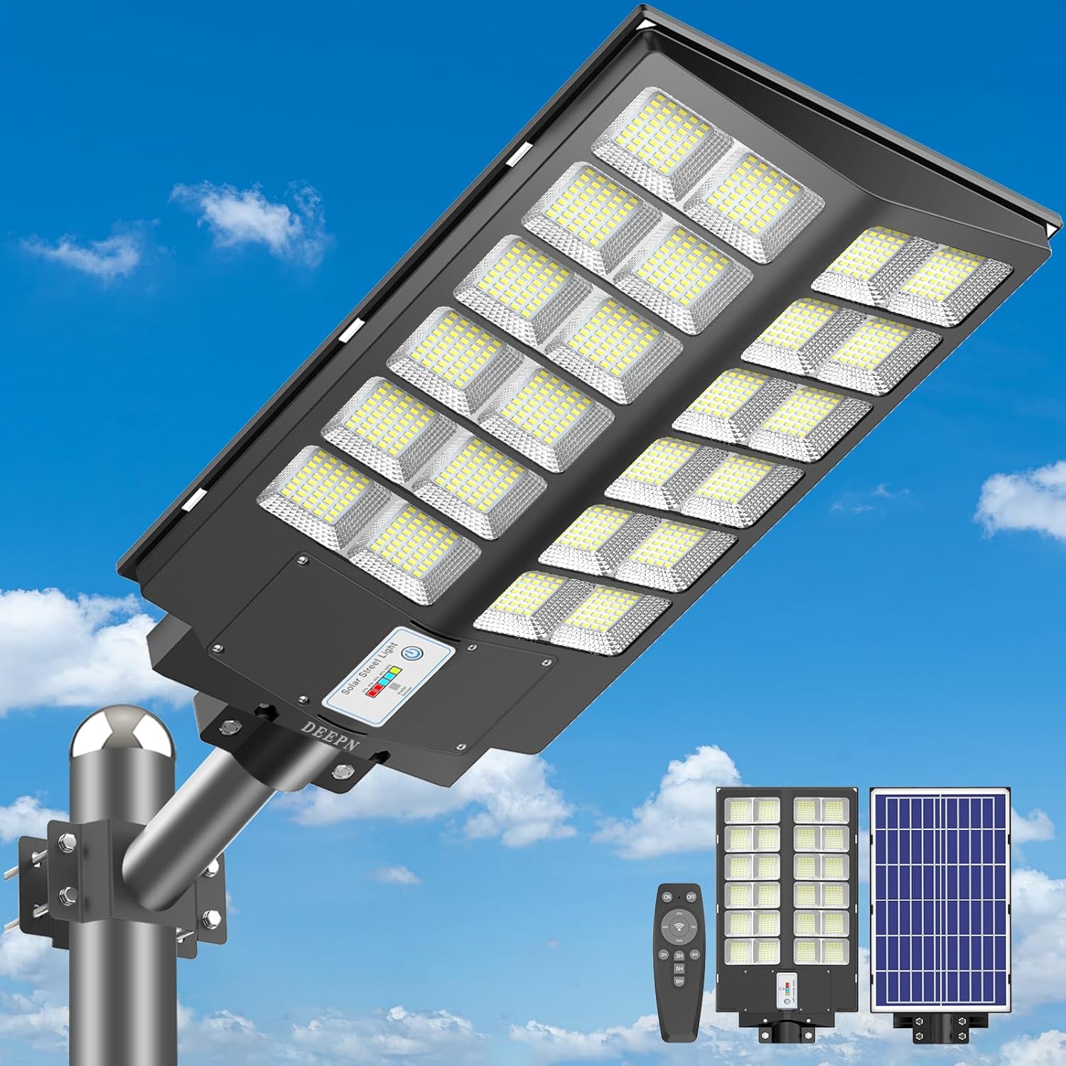 8000W Solar Street Light, 480000 Lumens Dusk to Dawn LED Flood Lights Outdoor Motion Sensor, IP66 Waterproof Commercial Grade Solar Outdoor Lights with Remote Control for Parking Lot Black 8000W
