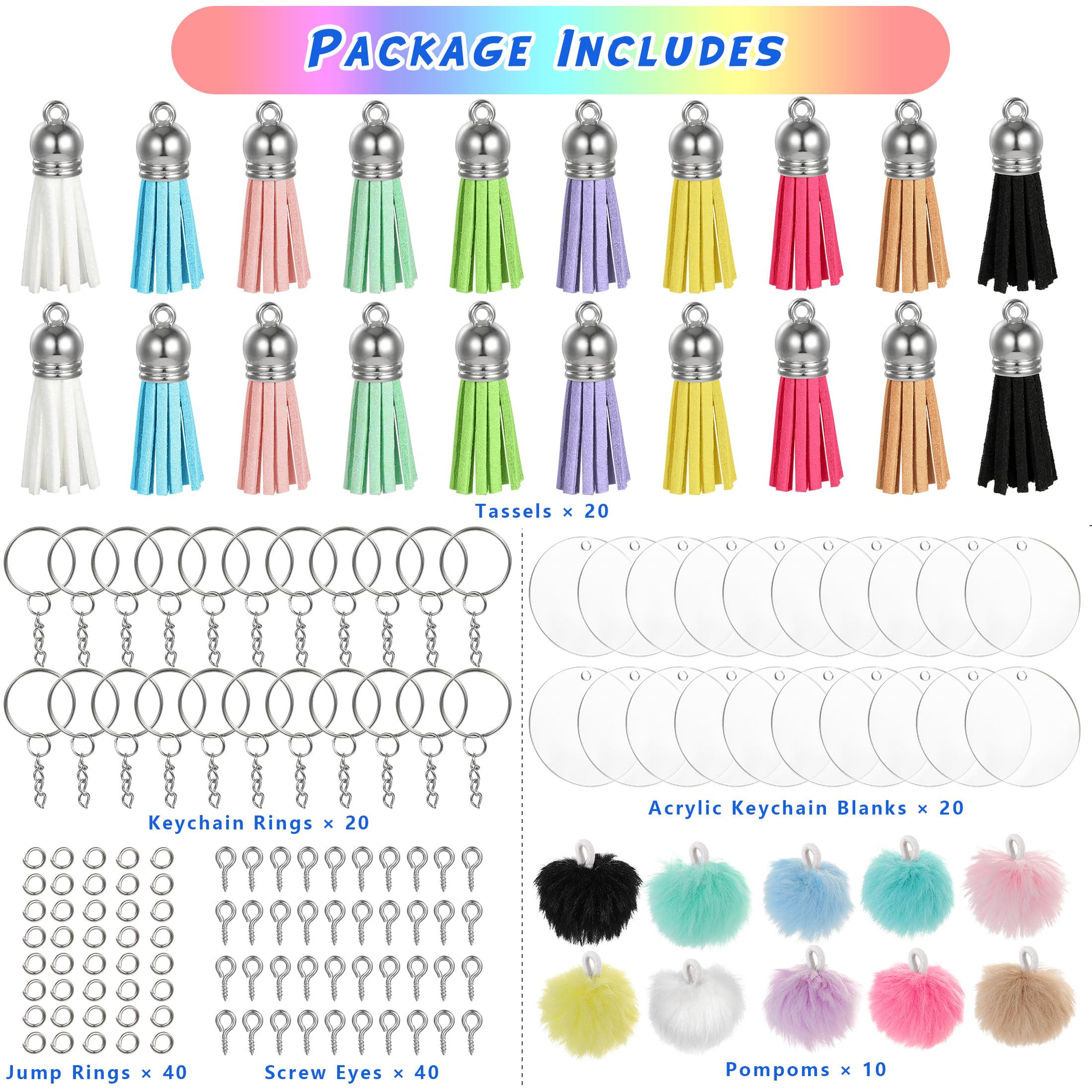 Porte-clés Personnalisés à Faire MWOOT – Kit DIY 150 Pièces Porte-clés En Acrylique Transparent – Disques, Pompons, Tassels – Création Bijoux Et Cadeaux Pompon Porte Clef