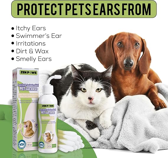 Zenpaws Dog and Cat Ear Cleaner Solution Ear Drops - Advanced Veterinary Recipe. Remove Wax and Build up and Relieve Itchiness - Alcohol-Free