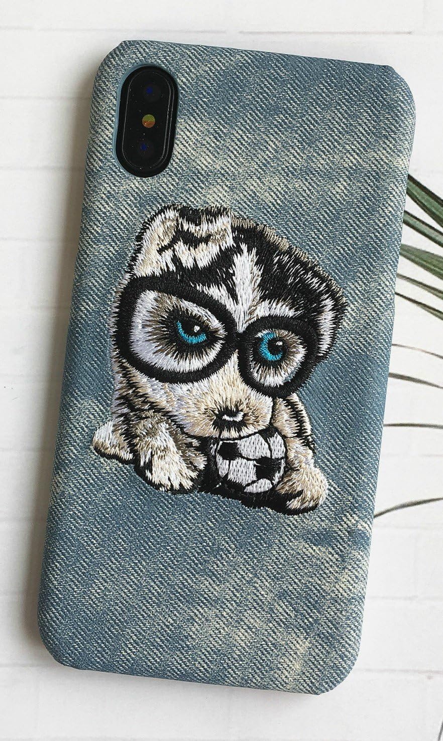 iPhone X 3D Embroidered Case by Geniway (Cute dog embroidery design | Soft Cotton Twill |Hard TPU Case| Camera Protection | Slip Resistant | Fits iPhone X) by Geniway (Husky Denim Blue)