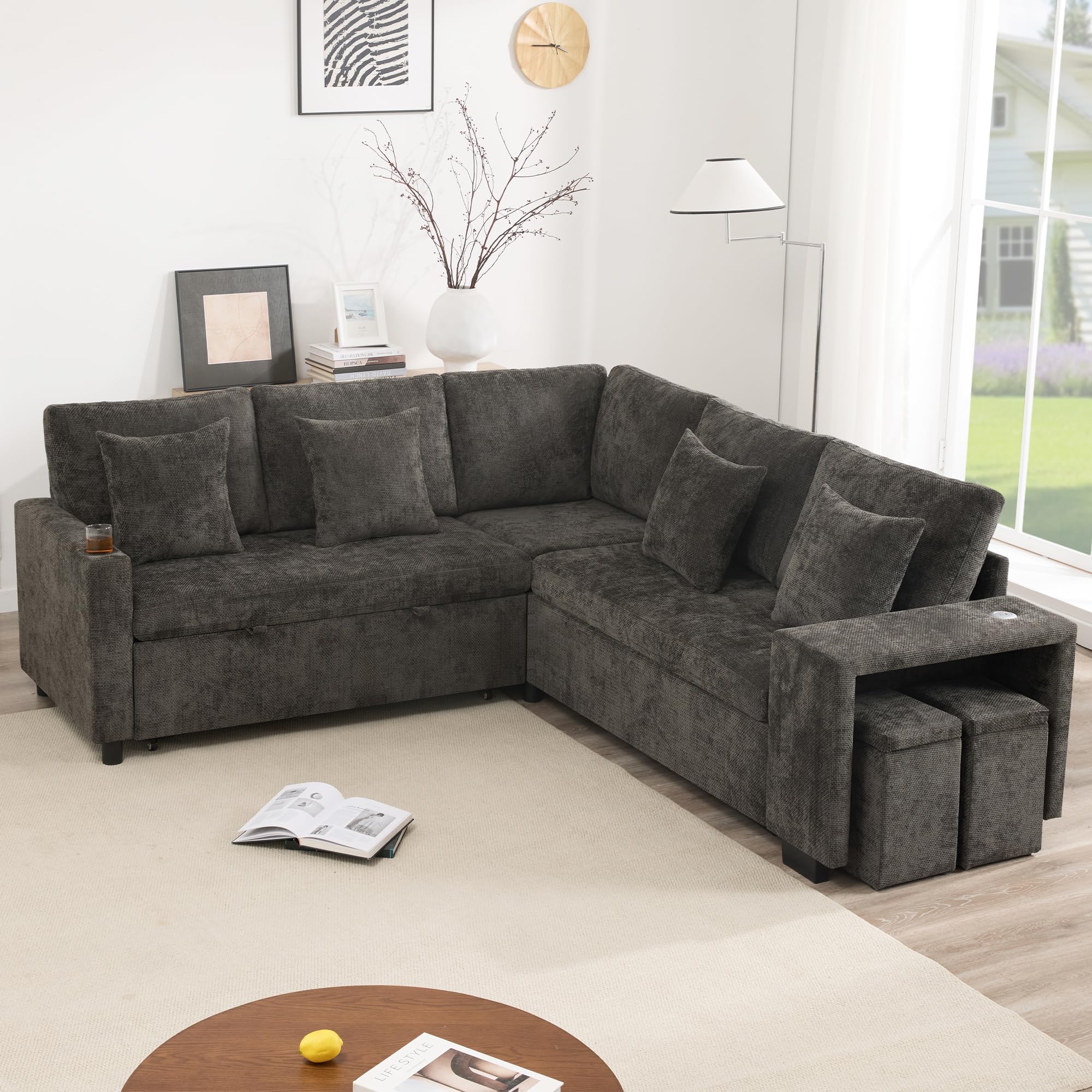 Sofa narożna z funkcją spania i miejscem do przechowywania – modułowa sofa i sofa z funkcją spania, USB-C, uchwyt na napoje, szenilowy, w zestawie poduszki, do salonu, kina domowego, szara