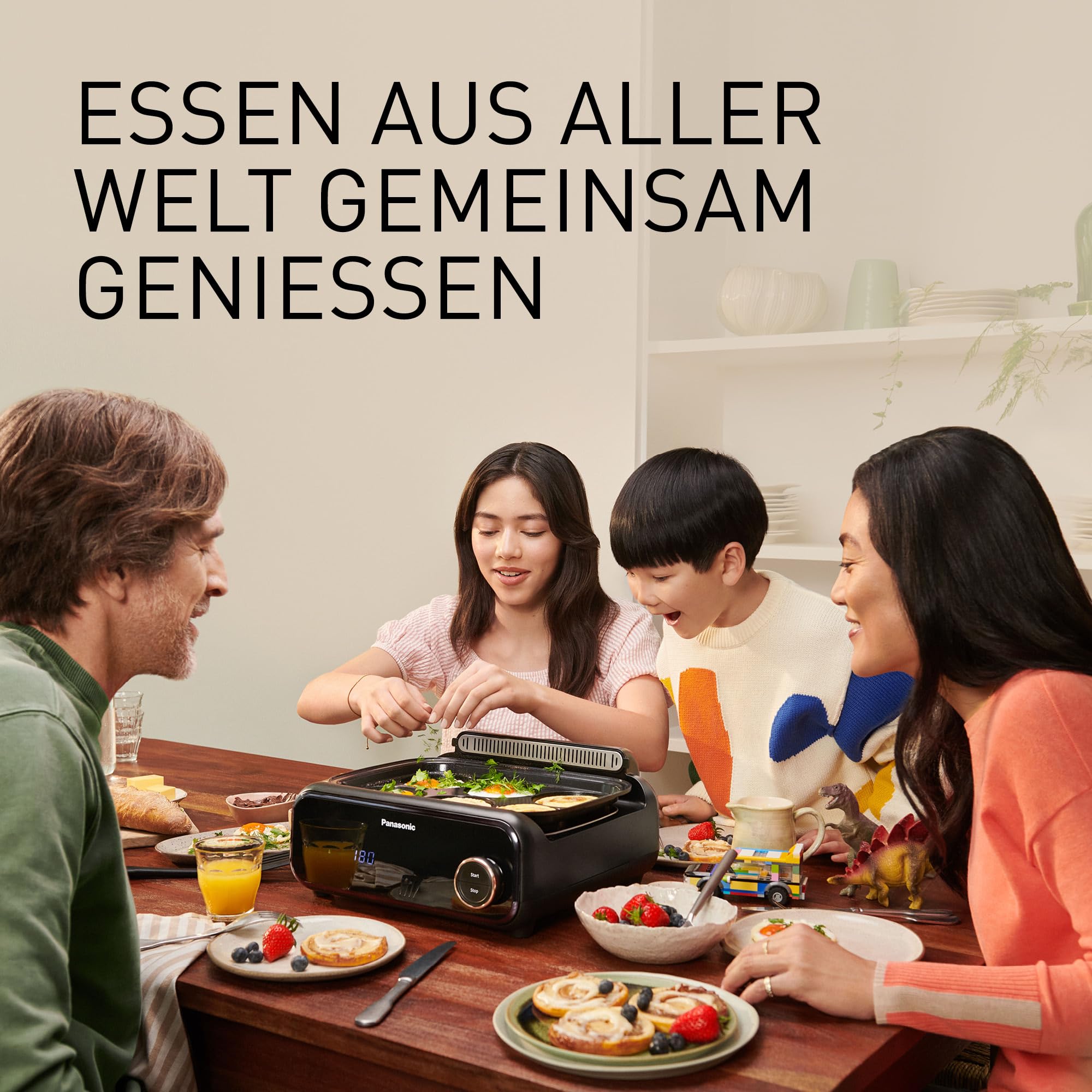 Panasonic NF-GM400 4-in-1 Elektro-Multikocher, Elektro Tischgrill, Braten, Slow Cook, BBQ, Dämpfen, Sautieren, 1400W, 40–250°C, 9 Auto-Modi, 4 Antihaftplatten, Rauchabsaugung, Schwarz