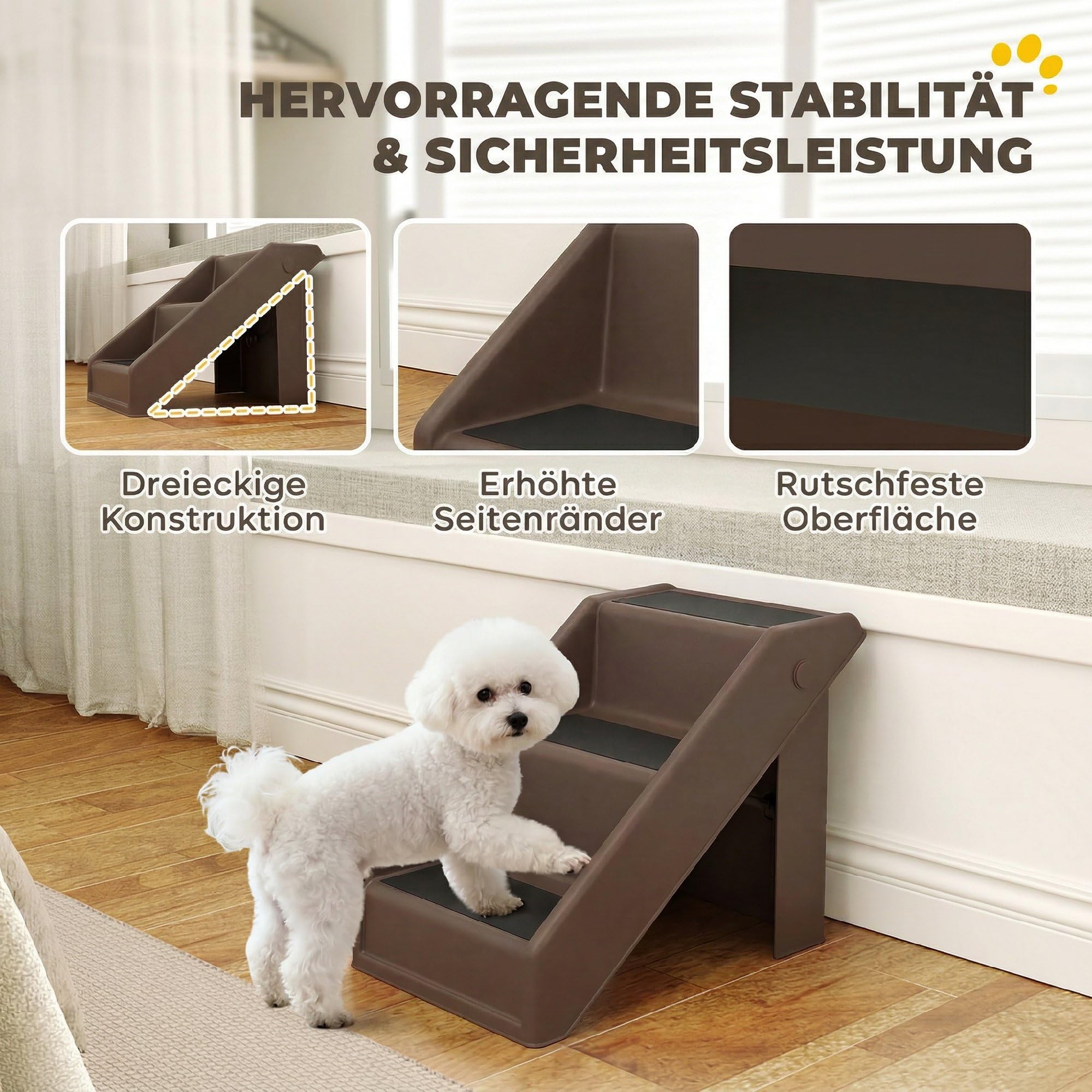 PawHut Hundetreppe 3 Stufen 36,5 cm Hoch Haustiertreppe für Kleine Hunde klappbar Katzentreppe Hunderampe Einstiegshilfe für Bett, Sofa, Couch und Auto Braun