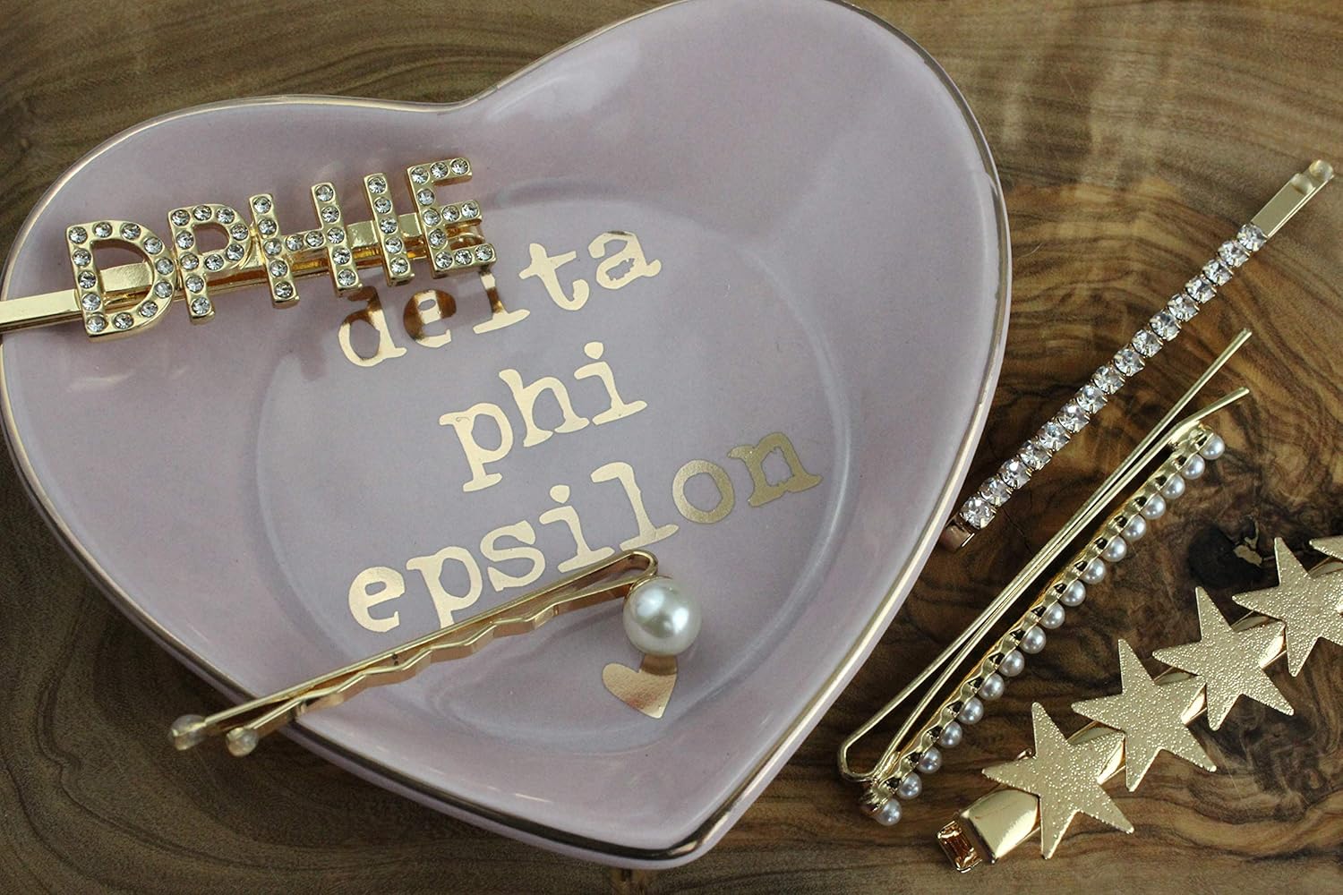 Sorority Shop Delta Phi Epsilon Jewelry Dish - Heart-Shaped High-gloss finish Ceramic tray with Gold Detailing, Multi-Function Ceramic Ring Dish for Home or Office, Ideal for Jewelry and Keys