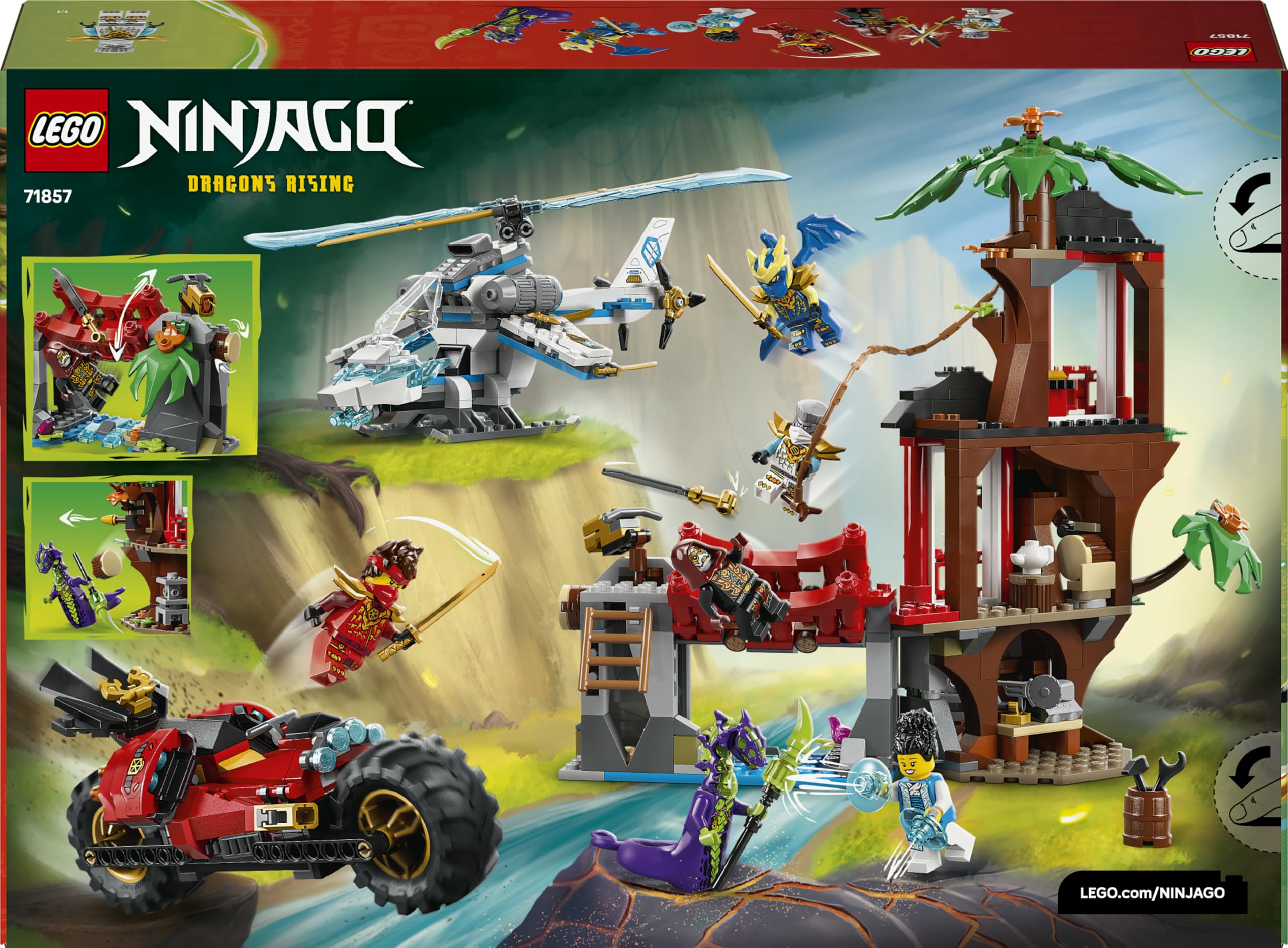 LEGO Ninjago Batalla de Vehículos Ninja Junto a la Casa del Árbol - Moto y Helicóptero de Juguete - Minifiguras de Acción con Armas Ninja - Regalo para Niños 7+ Años - 71857