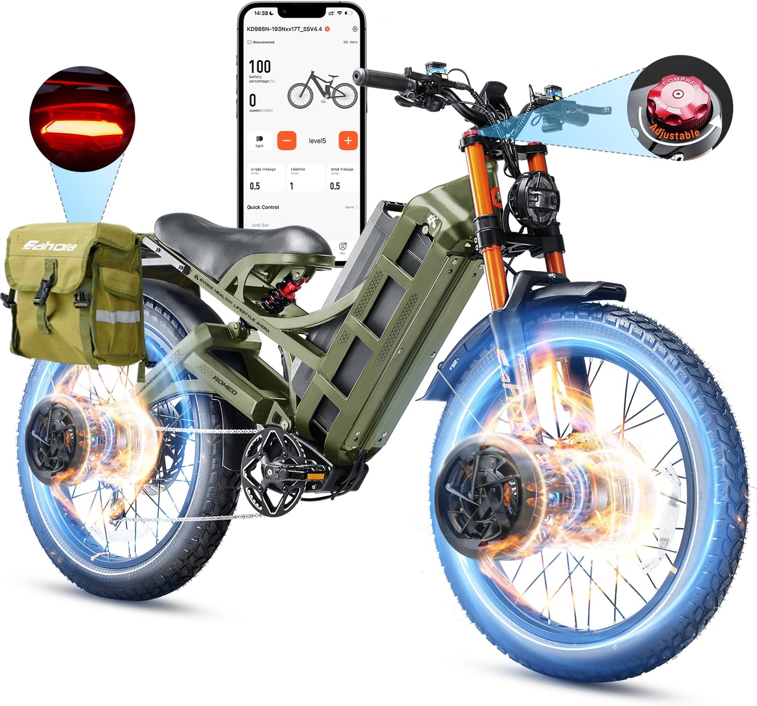 eAhora 2025 Romeo Pro 3-5600W 50MPH Dual Motor Electric Bike for Adults, 60V 80Ah Battery 200+ Miles Long Range Electric Bike with BMS Tech, 7-Speed Gear System, Pedal Assist, UL2849-12