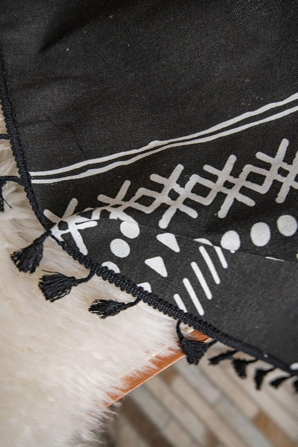 Bohemian Tassel Window Curtain Black Boho Style Geometric Printed Rod Pocket Window Drapes Cotton Linen Semi-Blackout Curtain for Bedroom Living Room Dining Room (59" W x 87" L)