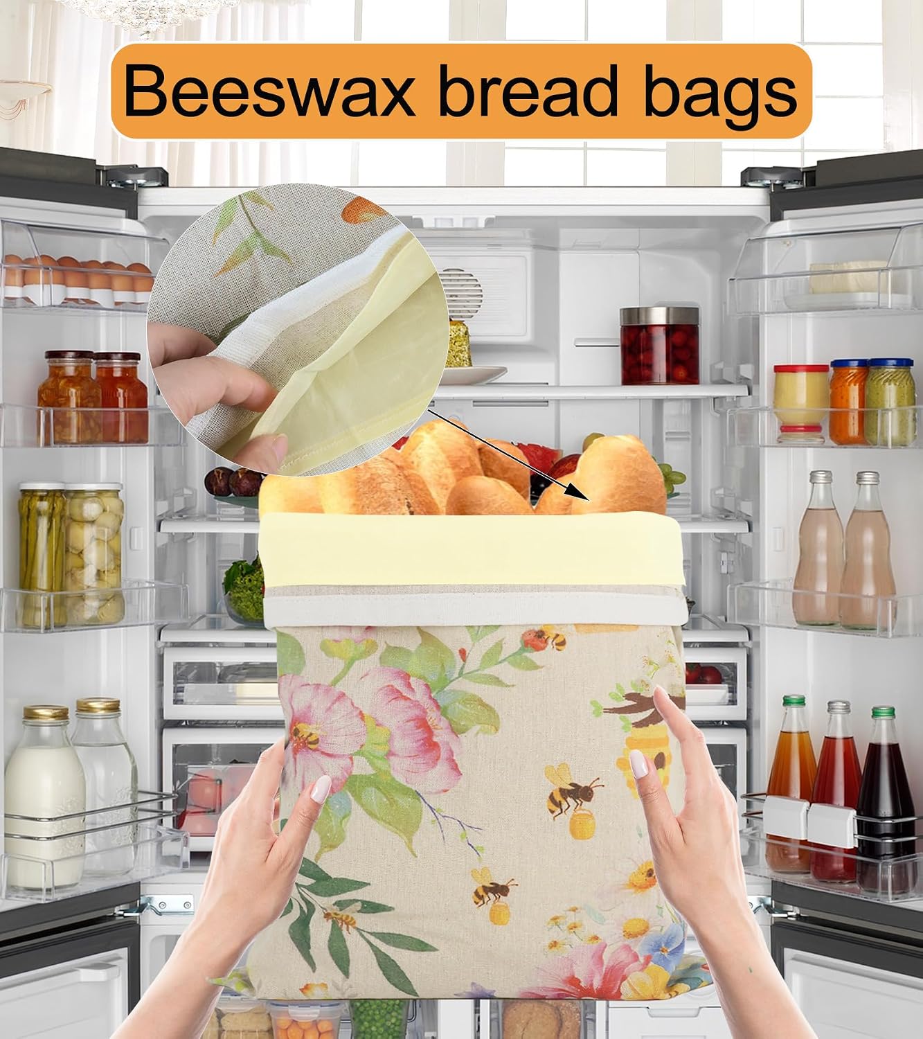 2Pack Beeswax Bread Bags for Sourdough and Homemade, Reusable Organic Linen Beeswax Bread Bag Eco-Friendly Fresh Food Storage, Moisture Lock– Freezer-Friendly-Includes A Replaceable Beeswax Liner image 3