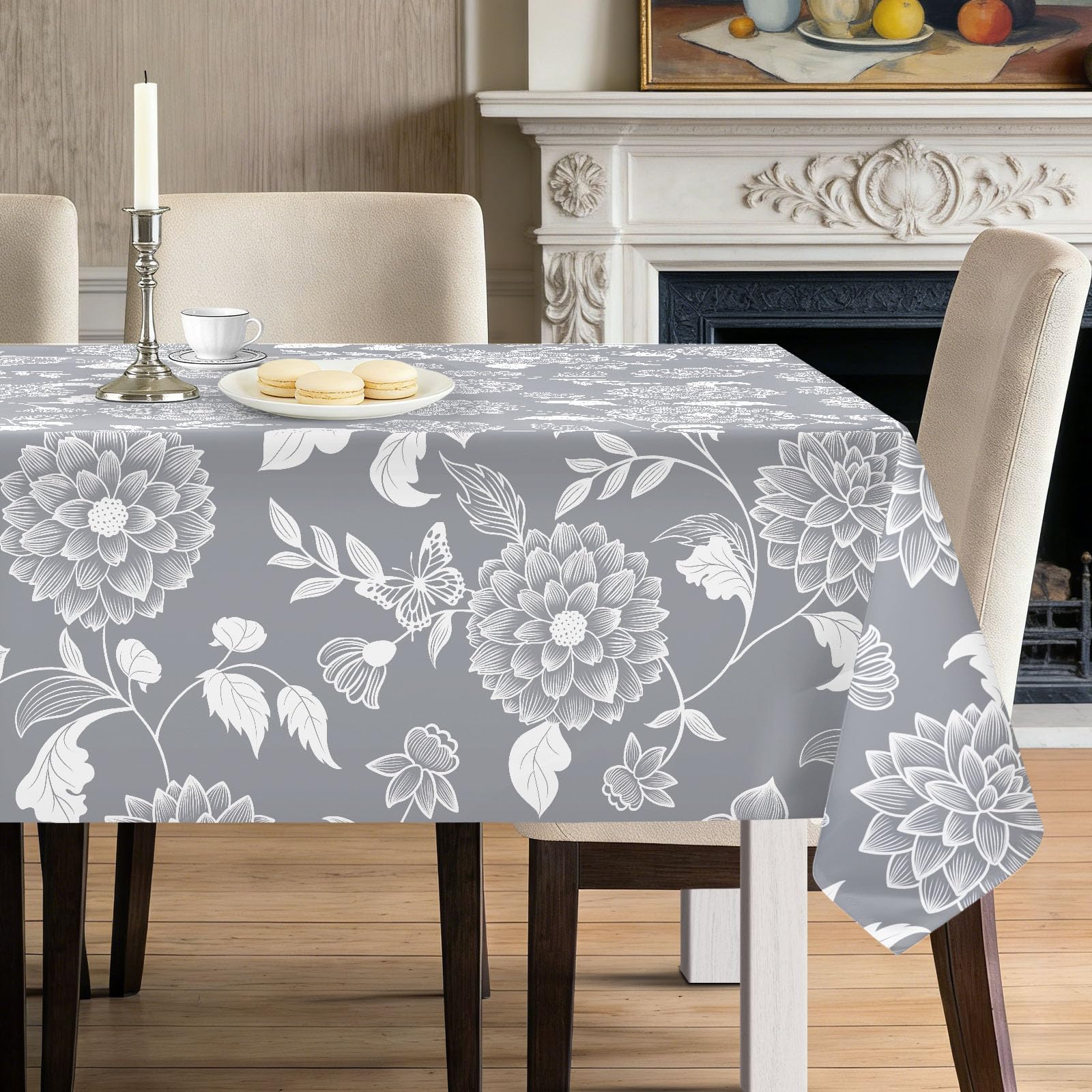 hometrixx Rectangle Table Cloth Floral Chrysanthemum Washable Wipeable Polyester Tablecloth Stain Wrinkle Resistant Oil Proof Table Cover Kitchen Decor for Dinner Picnic,140×180cm Grey
