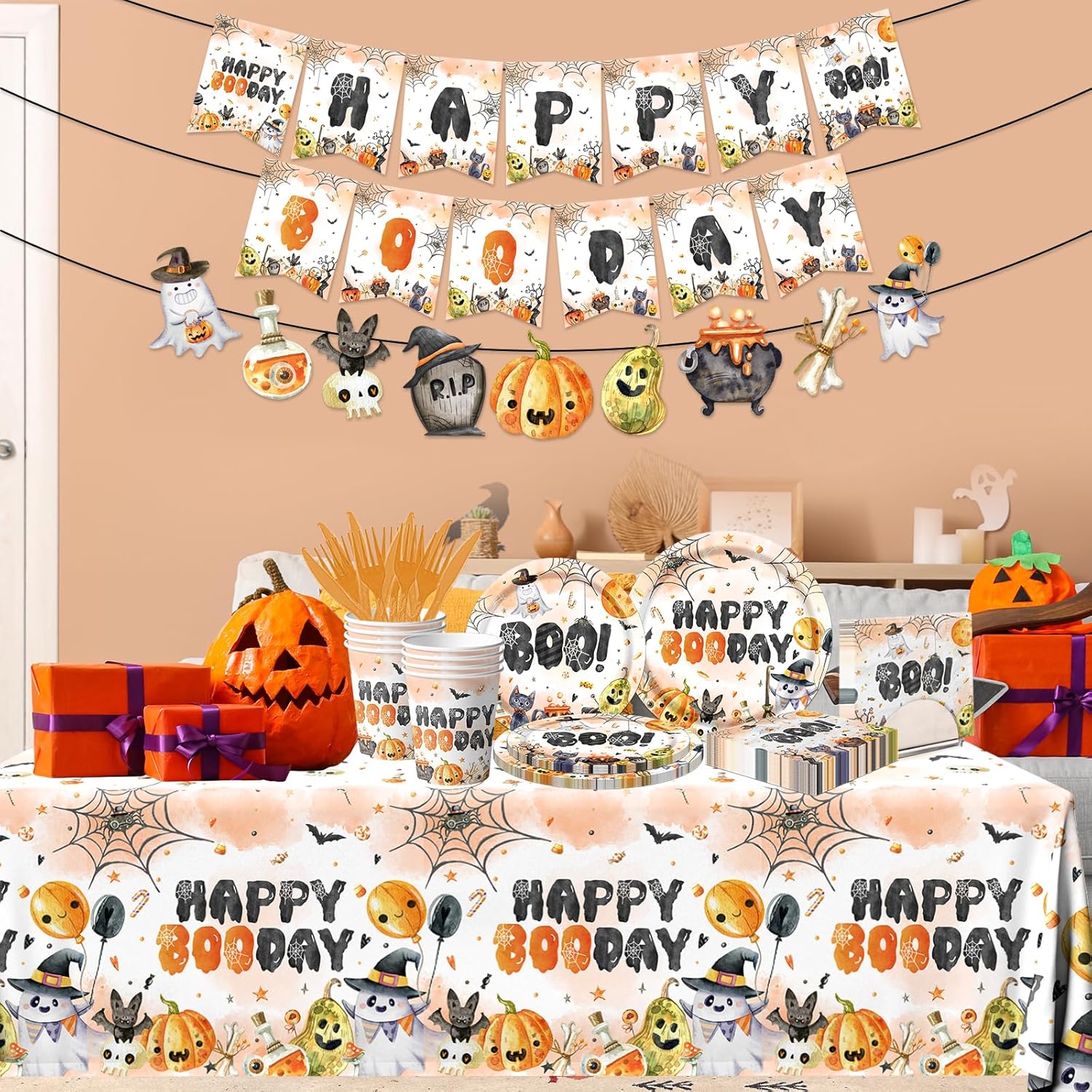 Halloween Happy Boo Day Party Decorations, 142Pcs Halloween Decor Tableware Supplies Happy Boo Day Plates and Napkins,Cups,Banner,Tablecloth Halloween Cute Spooky Ghost Birthday Supplies Boys Girls