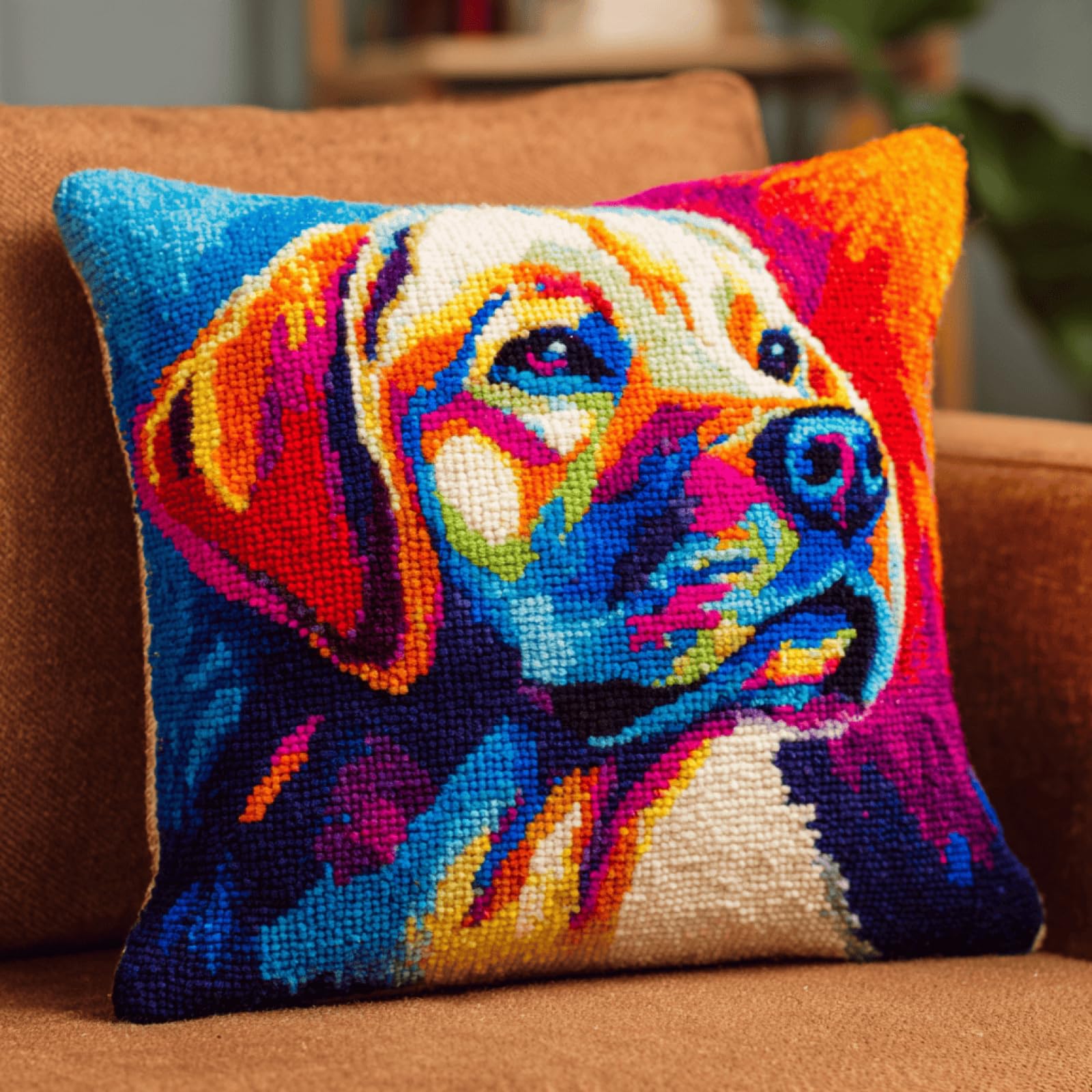 Xdeghuangss Multicolor Diy Latch Hook Cushion Kit - Labrador Retriever Pattern Pillow Cover For Beginners,Handmade Yarn Latch Hook Pillowcase Sofa Cushion Material Pack,Home Decor Gift Set,43X43 Cm