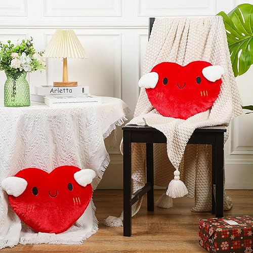 Miniatura 2 de 2 almohadas rojas esponjosas en forma de corazón con alas de ángel de 13.8 pulgadas en forma de corazón, almohada decorativa abrazable para niñas y