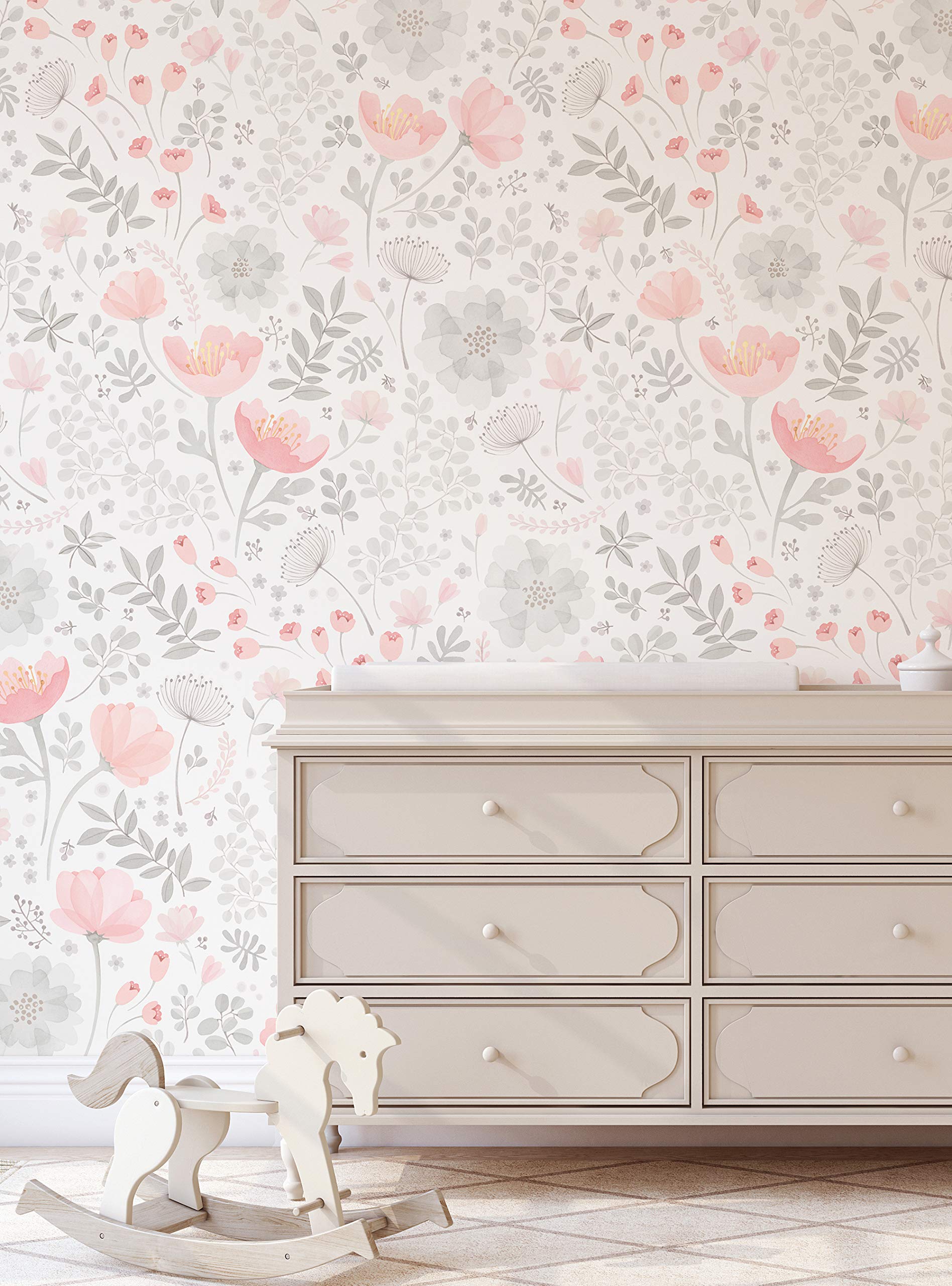 Papier peint aquarelle floral pour chambre et salon - Déco murale Whimsy gris corail 0,6 x 2,4 m