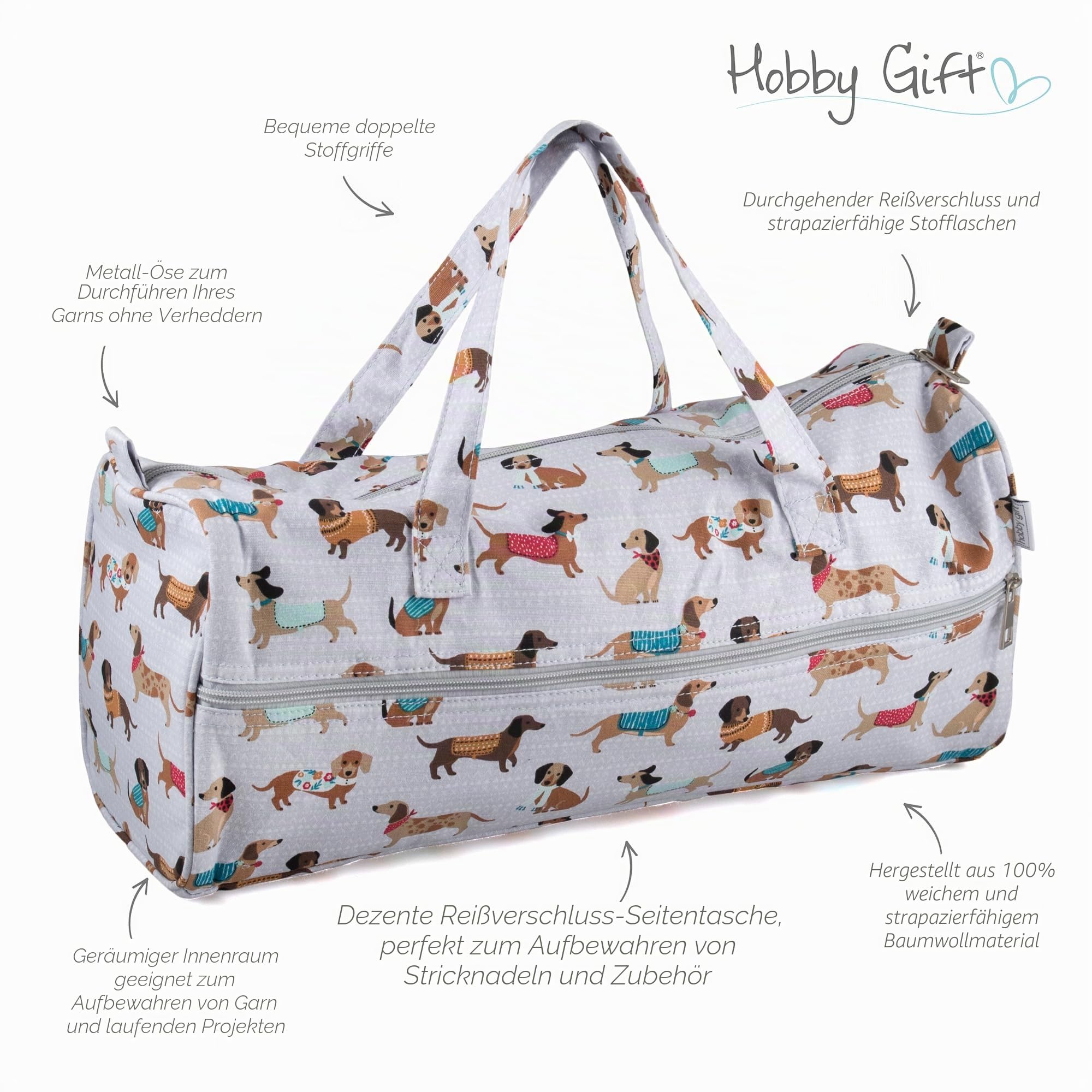 Hobby Gift Stricktasche Mittel mit durchgehendem Frontreißverschluss - Häkel-Organizer & Strickaufbewahrung für unterwegs, Basteltasche mit Fächern für Wolle, Zubehör & mehr